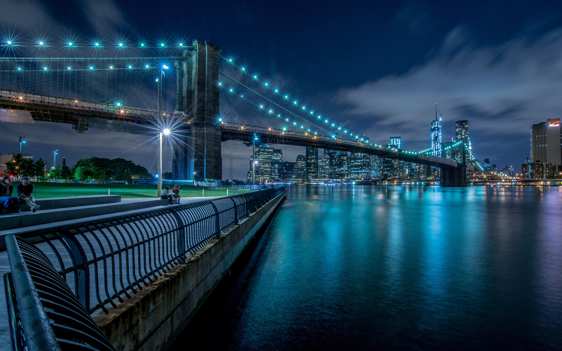 Завантажити шпалери безкоштовно Ніч, Світло, Синій, Міст, Нью Йорк, Бруклінський Міст, Створено Людиною картинка на робочий стіл ПК