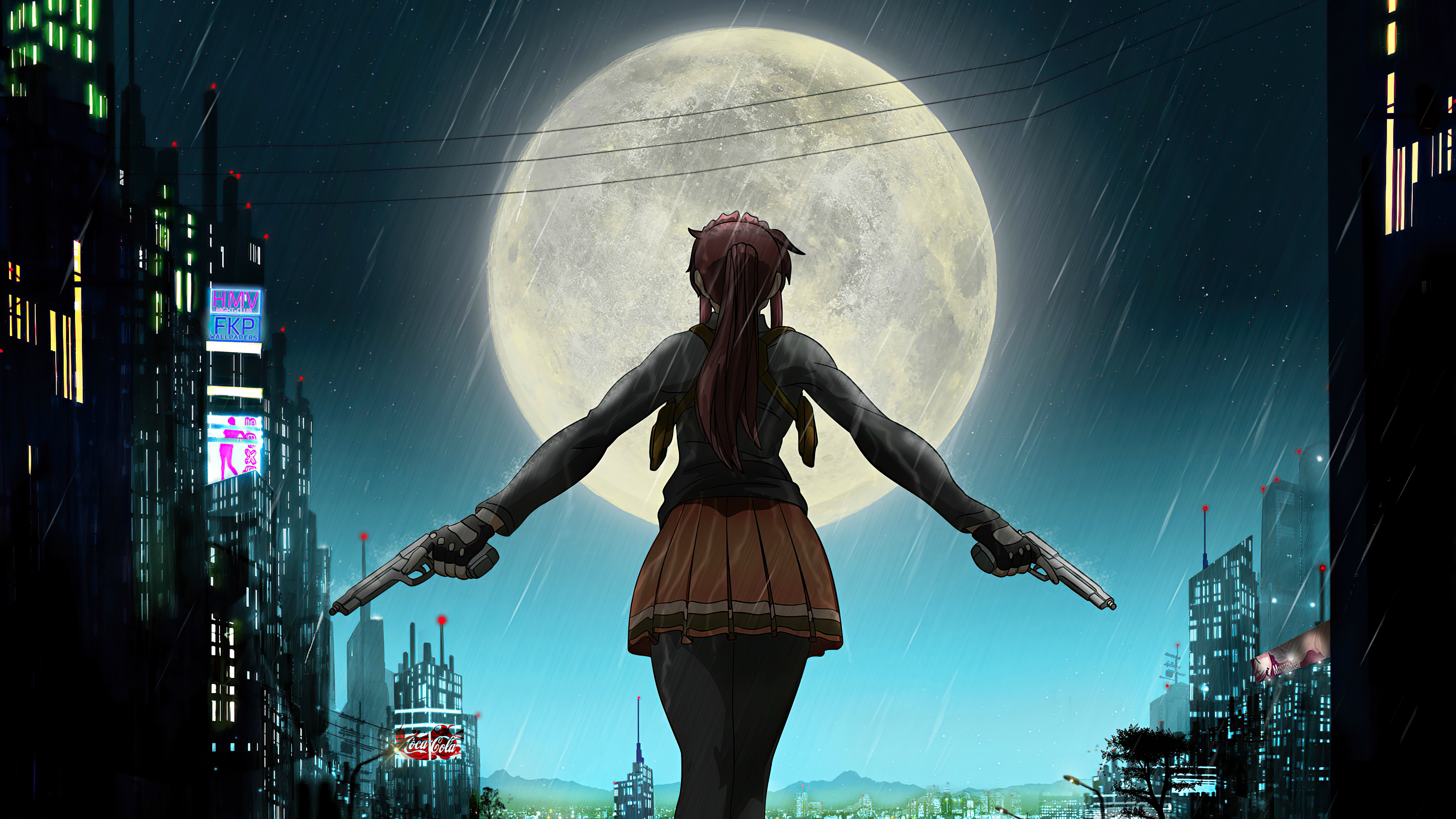 Laden Sie das Mädchen, Mond, Nacht, Pistole, Animes-Bild kostenlos auf Ihren PC-Desktop herunter