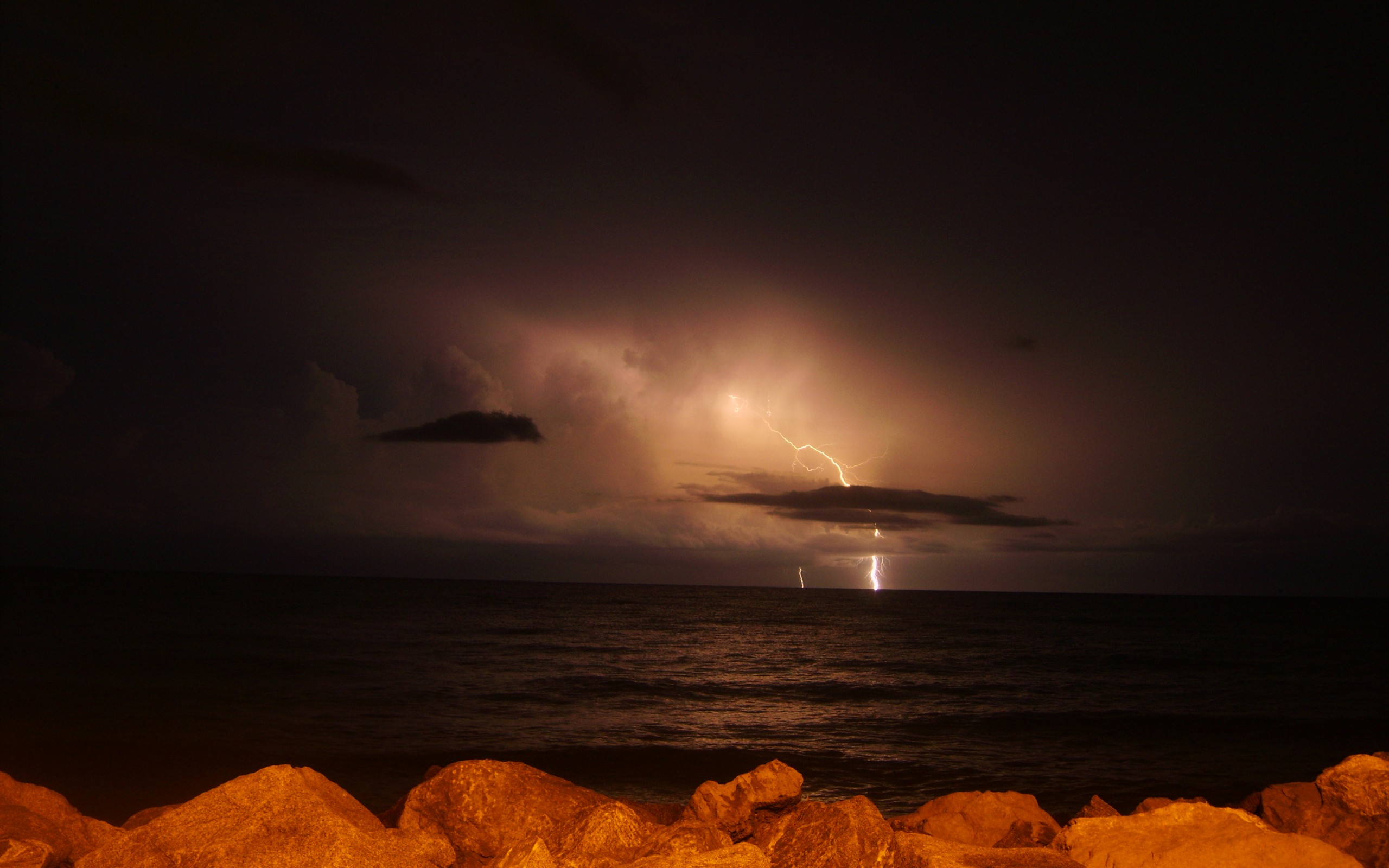 night, photography, lightning, ocean