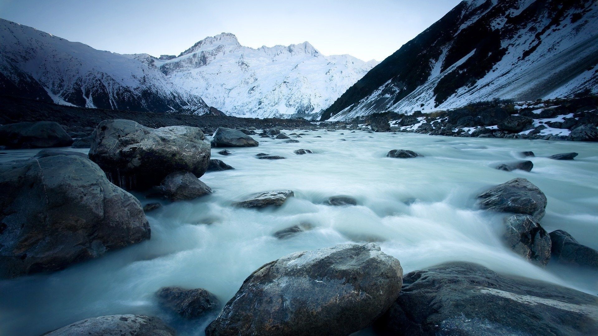 Download mobile wallpaper Landscape, Winter, Snow, Mountain, Earth, Stream, River, Scenic for free.