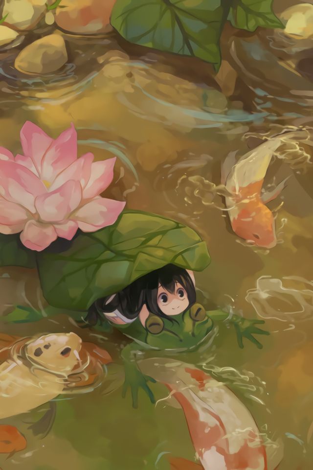 Download mobile wallpaper Anime, Leaf, Pond, Fish, Frog, My Hero Academia, Tsuyu Asui for free.