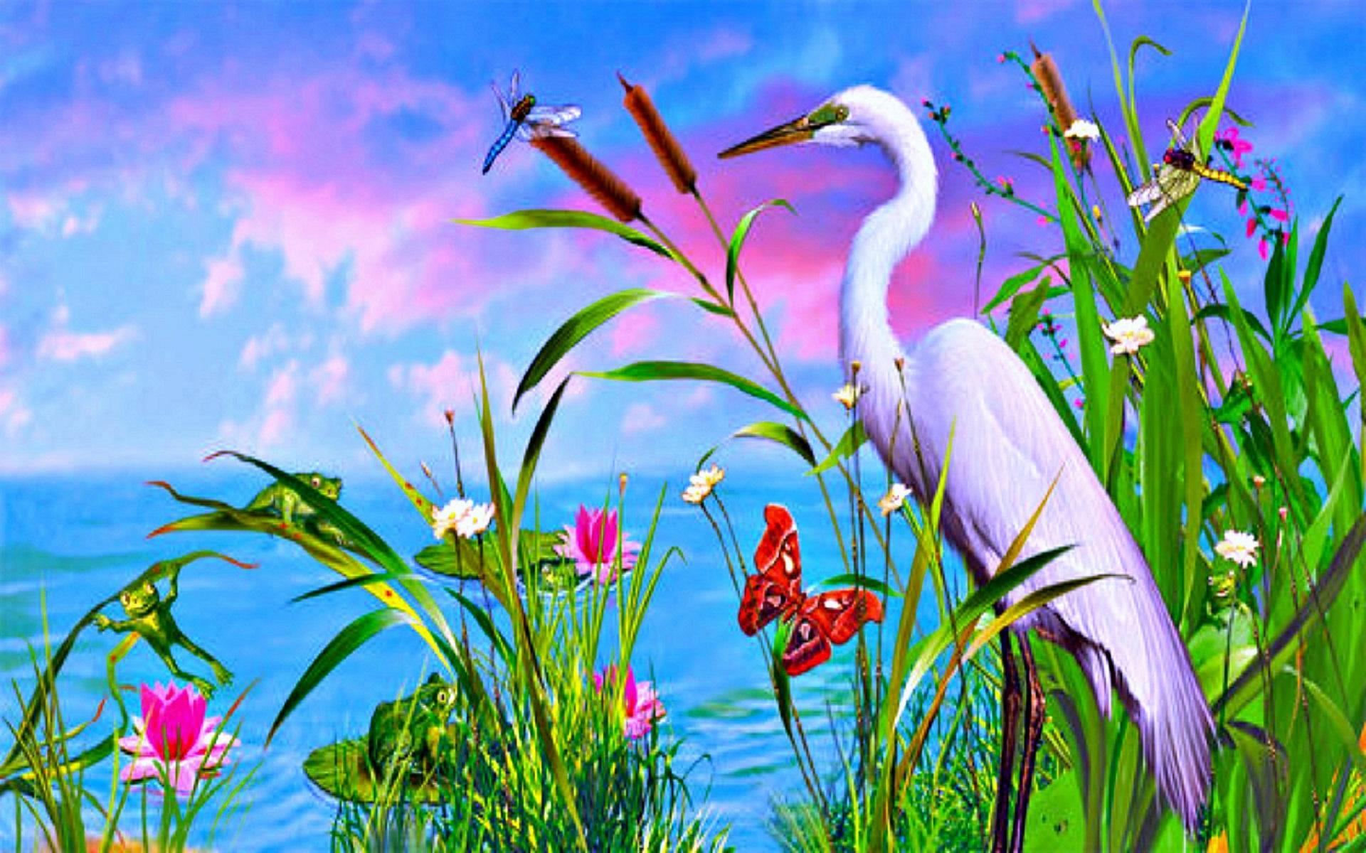 Download mobile wallpaper Grass, Lotus, Butterfly, Animal, Pond, Spring, Artistic, Water Lily, Crane, Dragonfly for free.