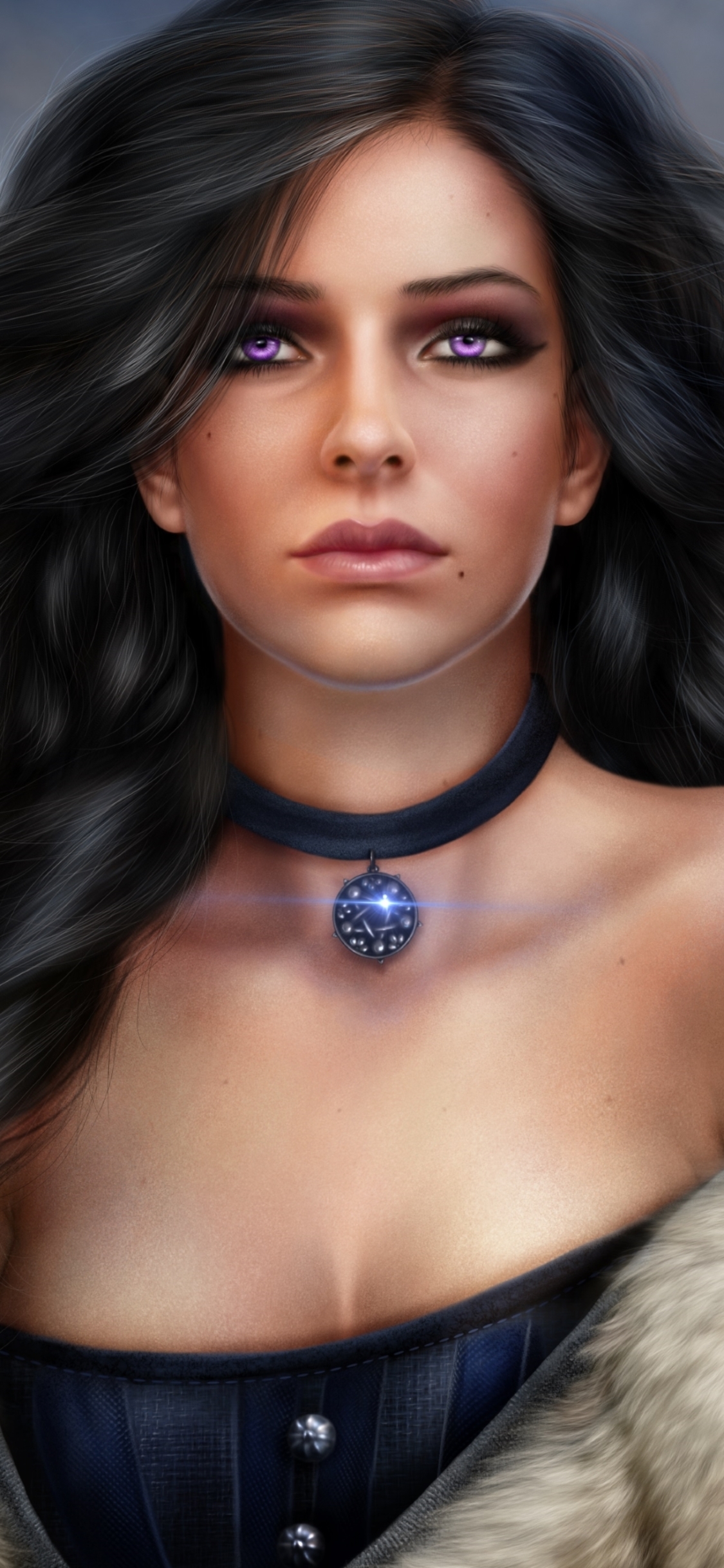 video game, the witcher 3: wild hunt, necklace, purple eyes, yennefer of vengerberg, long hair, black hair, amulet, the witcher
