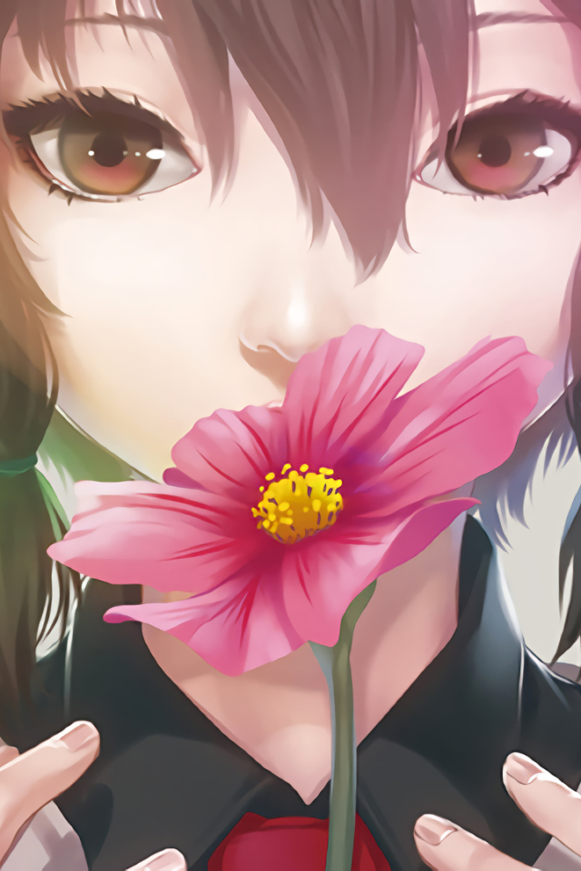 Download mobile wallpaper Anime, Flower, Girl, Brown Eyes, Brown Hair for free.