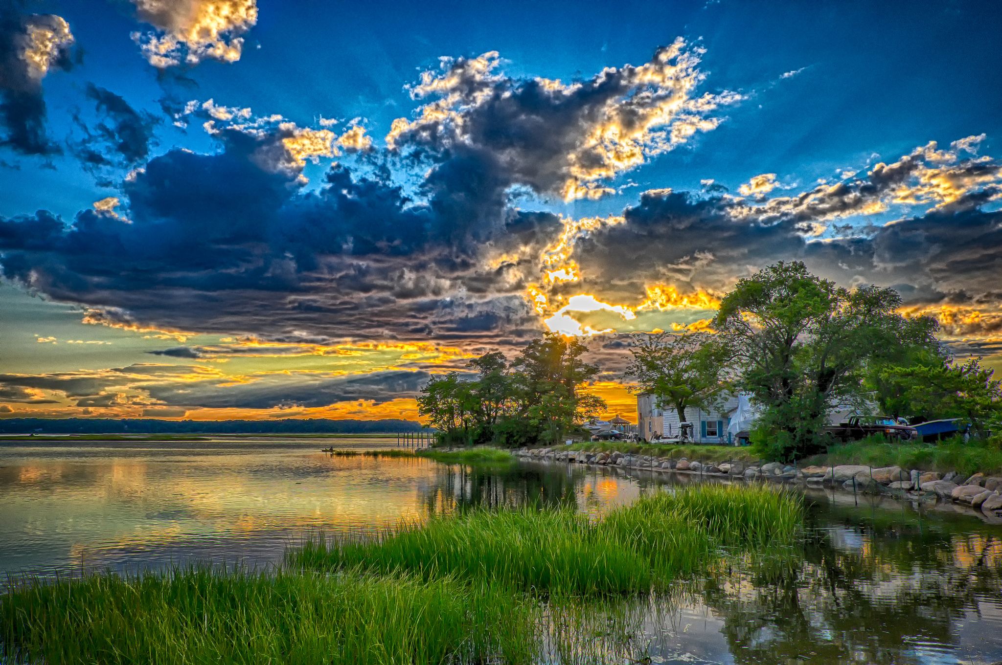 Free download wallpaper Sunset, Sky, Lake, Tree, House, Cloud, Man Made on your PC desktop