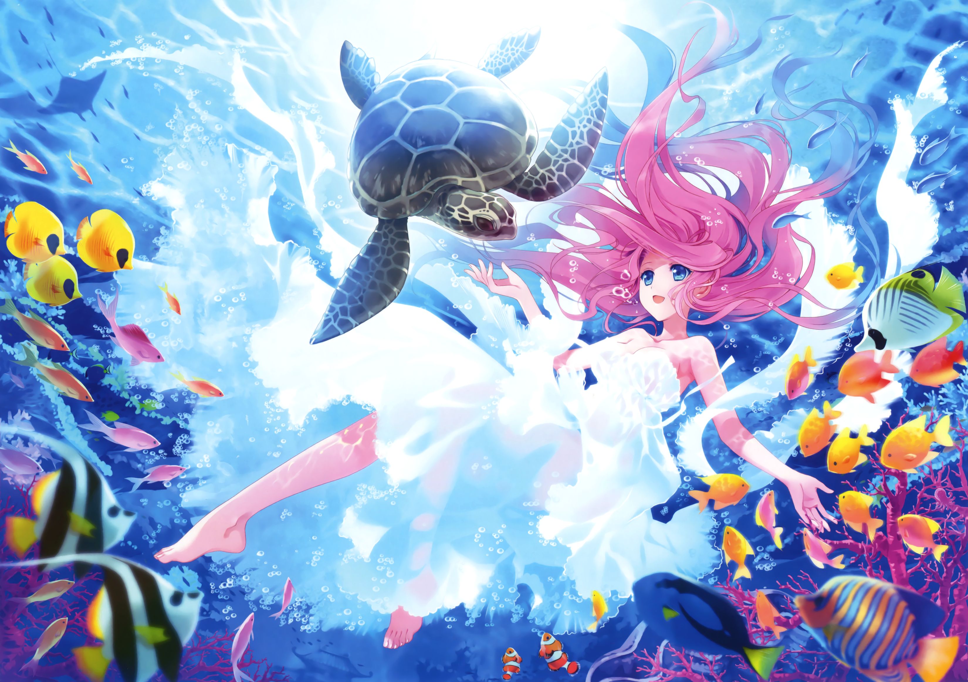 793482 скачать картинку аниме, под водой, рыба, розовые волосы, черепаха - обои и заставки бесплатно