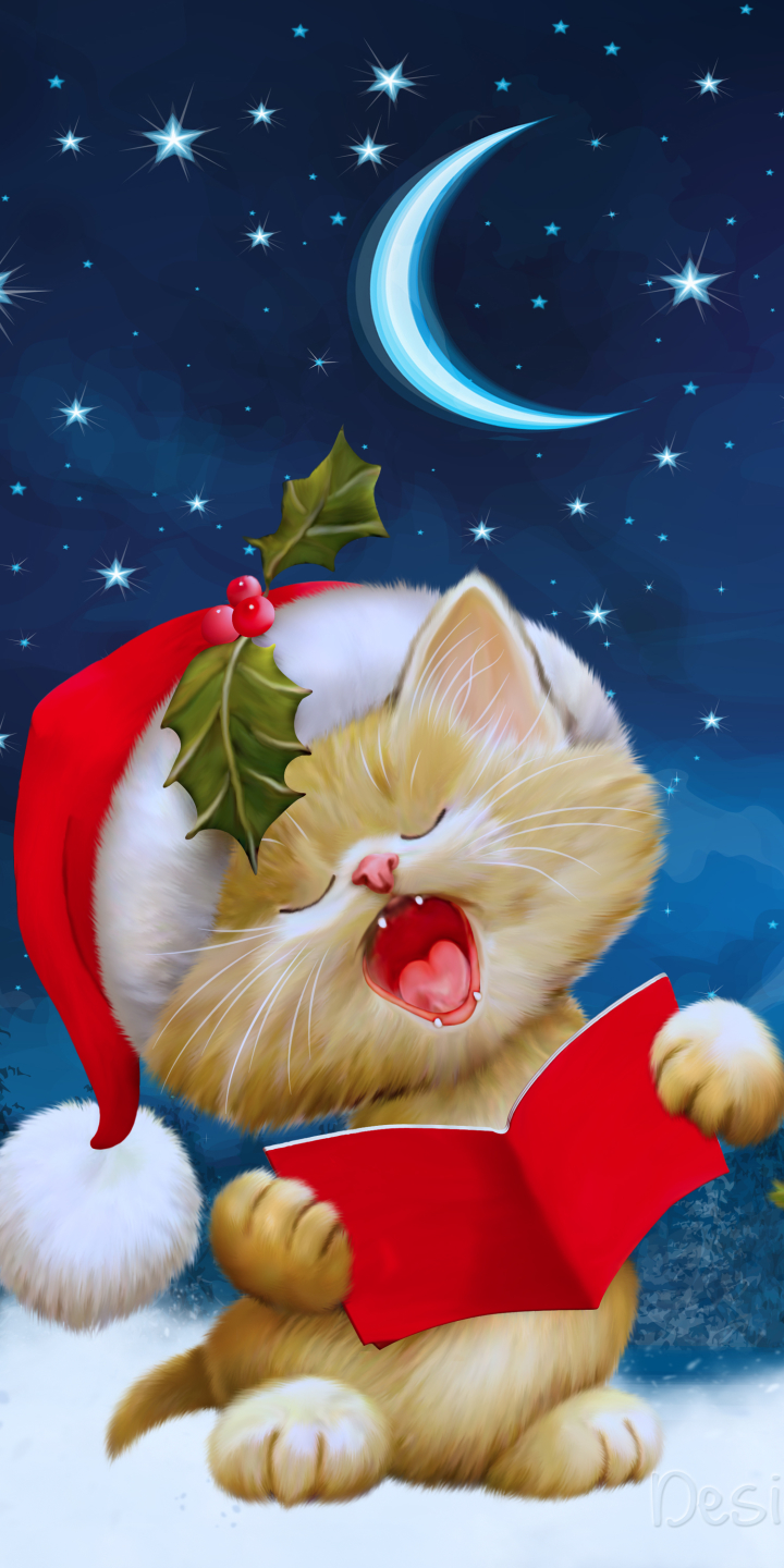 Descarga gratuita de fondo de pantalla para móvil de Navidad, Gato, Día Festivo, Adornos De Navidad, Sombrero De Santa.