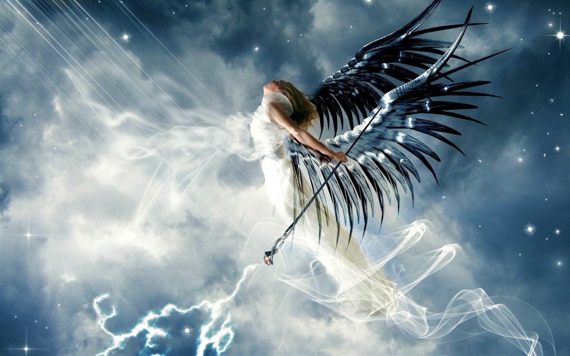 Download mobile wallpaper Fantasy, Sky, Lightning, Wings, Angel, Cloud, Staff for free.