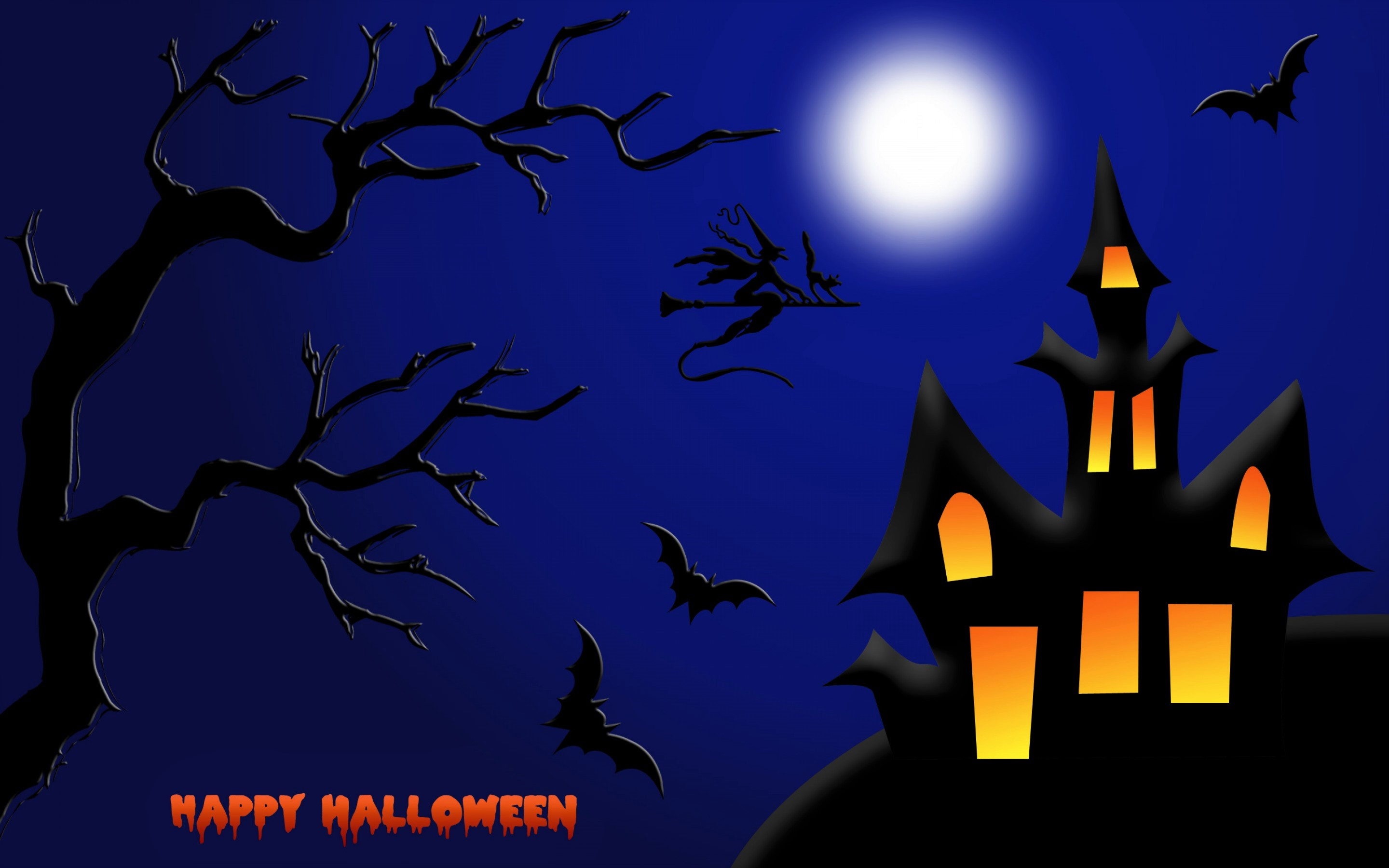 Download mobile wallpaper Halloween, Moon, Cat, Holiday, House, Bat, Witch, Happy Halloween for free.