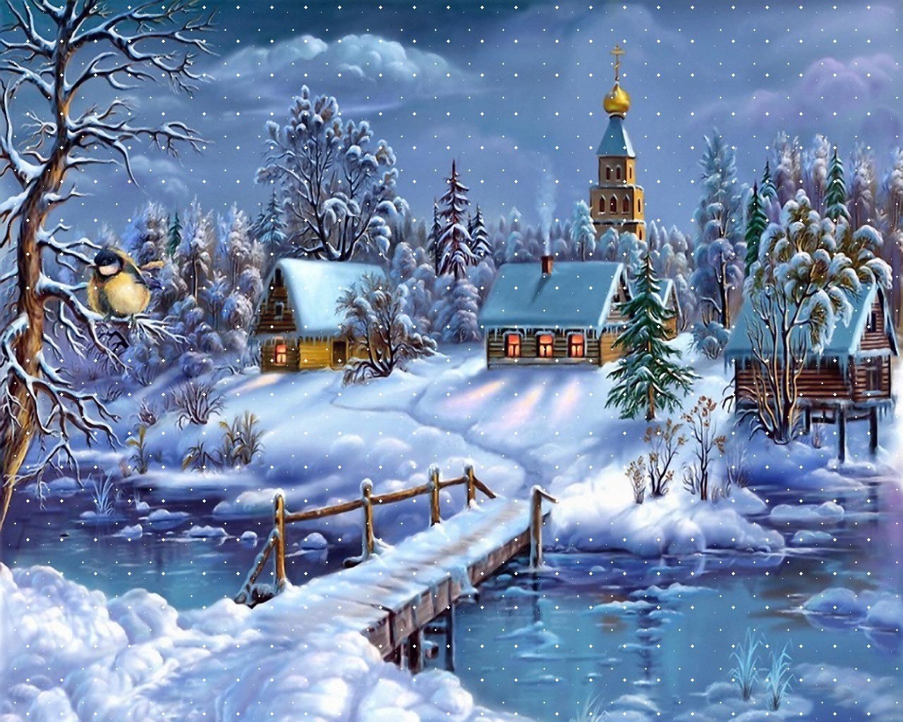 22711 скачать обои снег, зима, дома, пейзаж, рисунки, синие, река - заставки и картинки бесплатно
