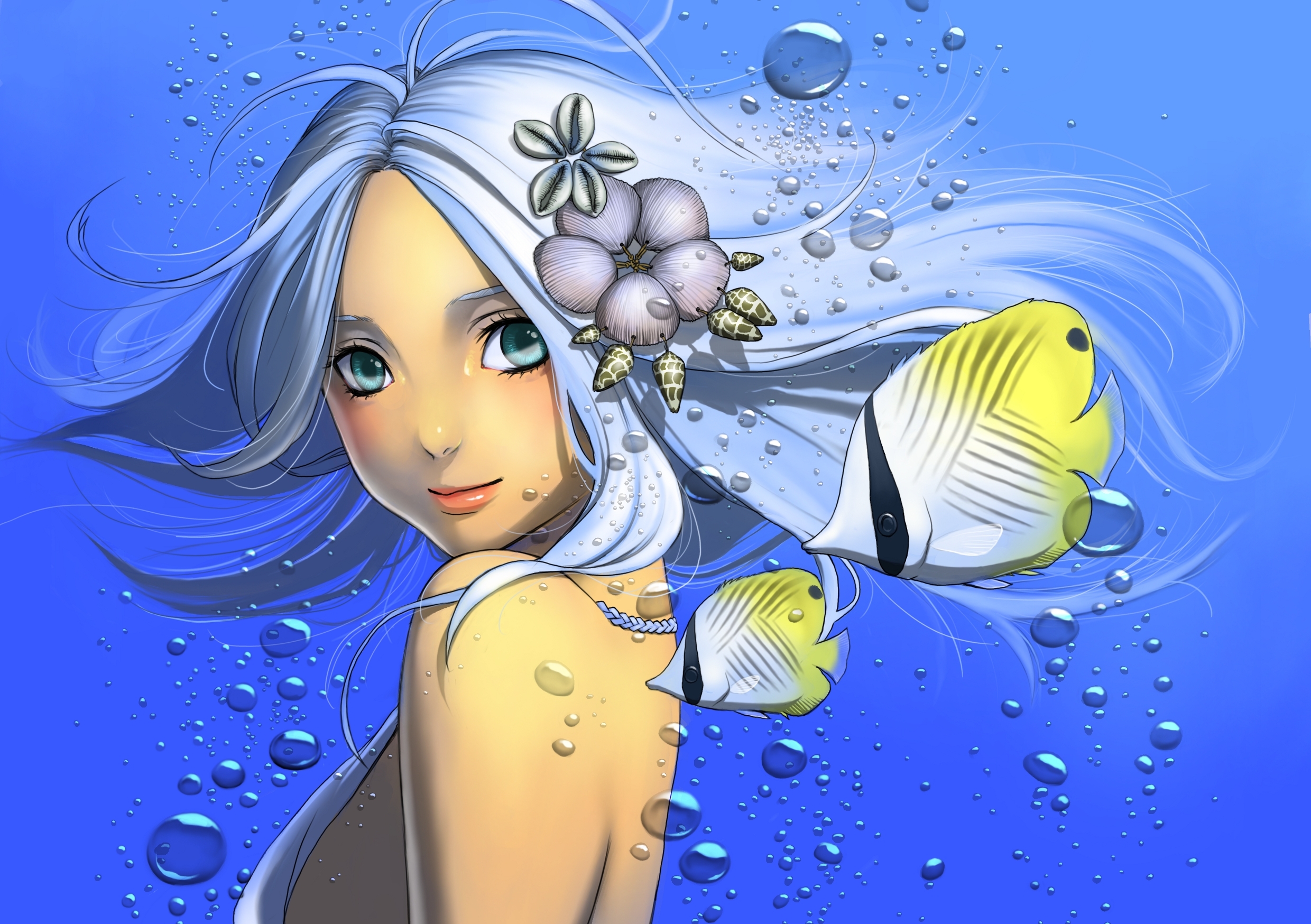 Download mobile wallpaper Anime, Smile, Girl, Fish, Bubble, Blue Eyes, Blue Hair, Short Hair for free.