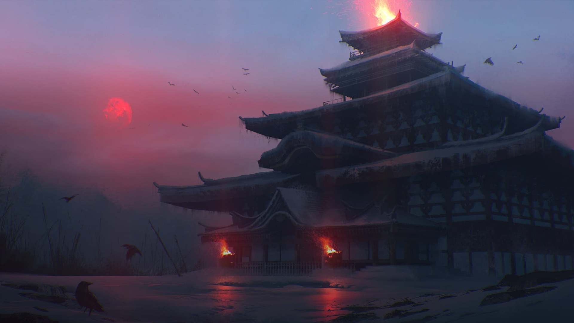 Скачать обои бесплатно Зима, Фэнтези, Япония, Храм картинка на рабочий стол ПК