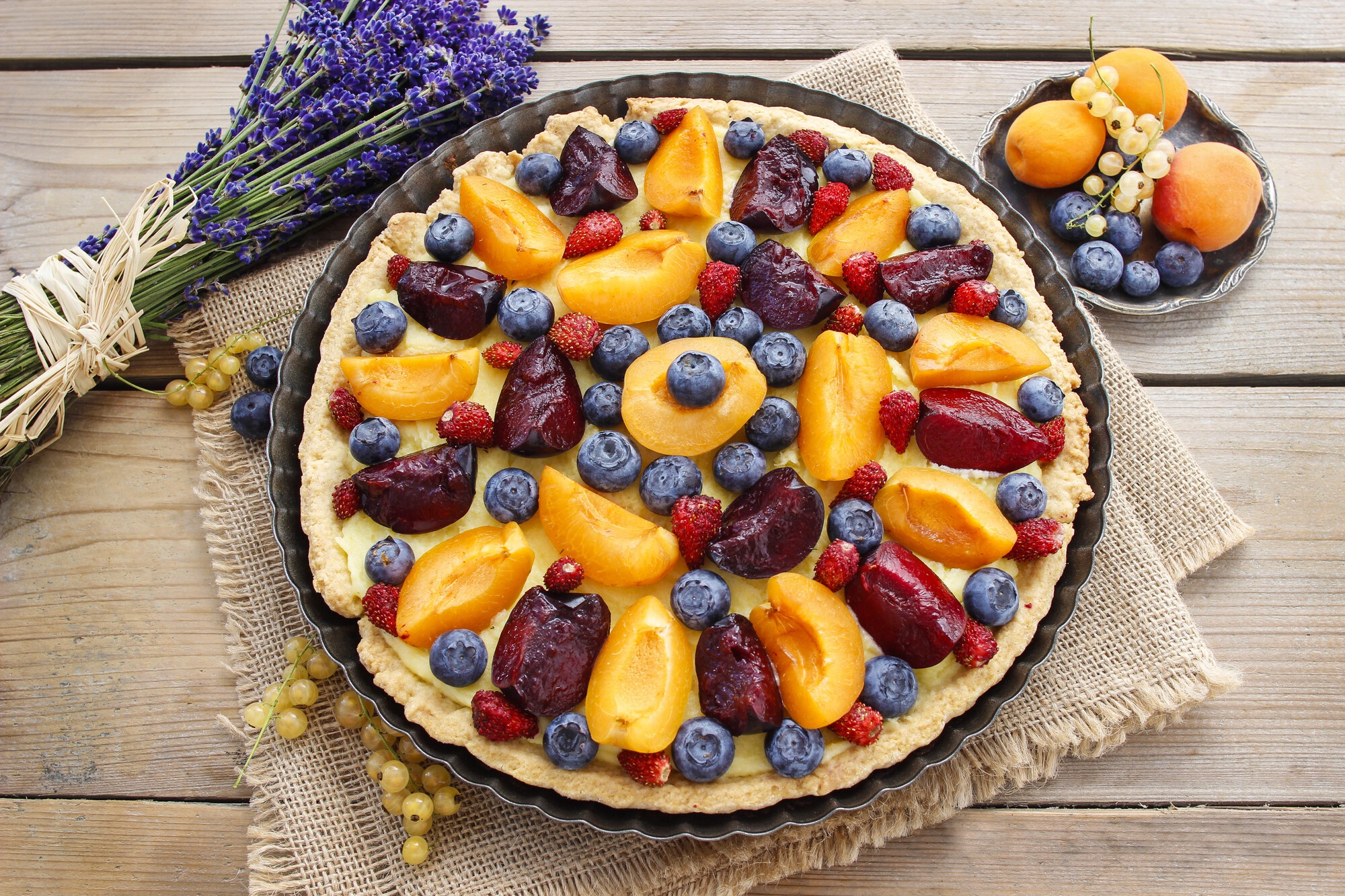Download mobile wallpaper Food, Blueberry, Plum, Baking, Lavender, Pie, Tart, Apricot for free.