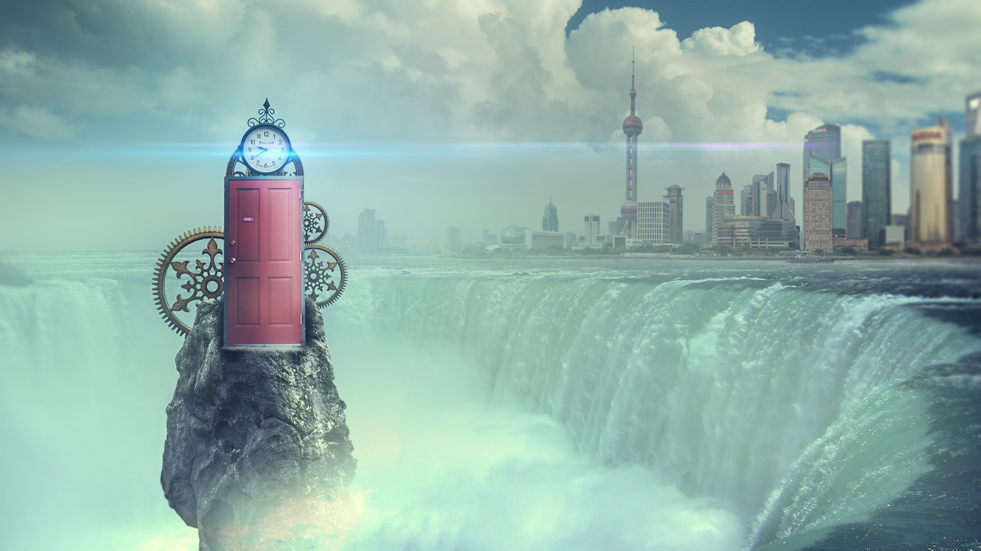 Download mobile wallpaper Fantasy, Clock, City, Waterfall, Sci Fi, Artistic, Door for free.