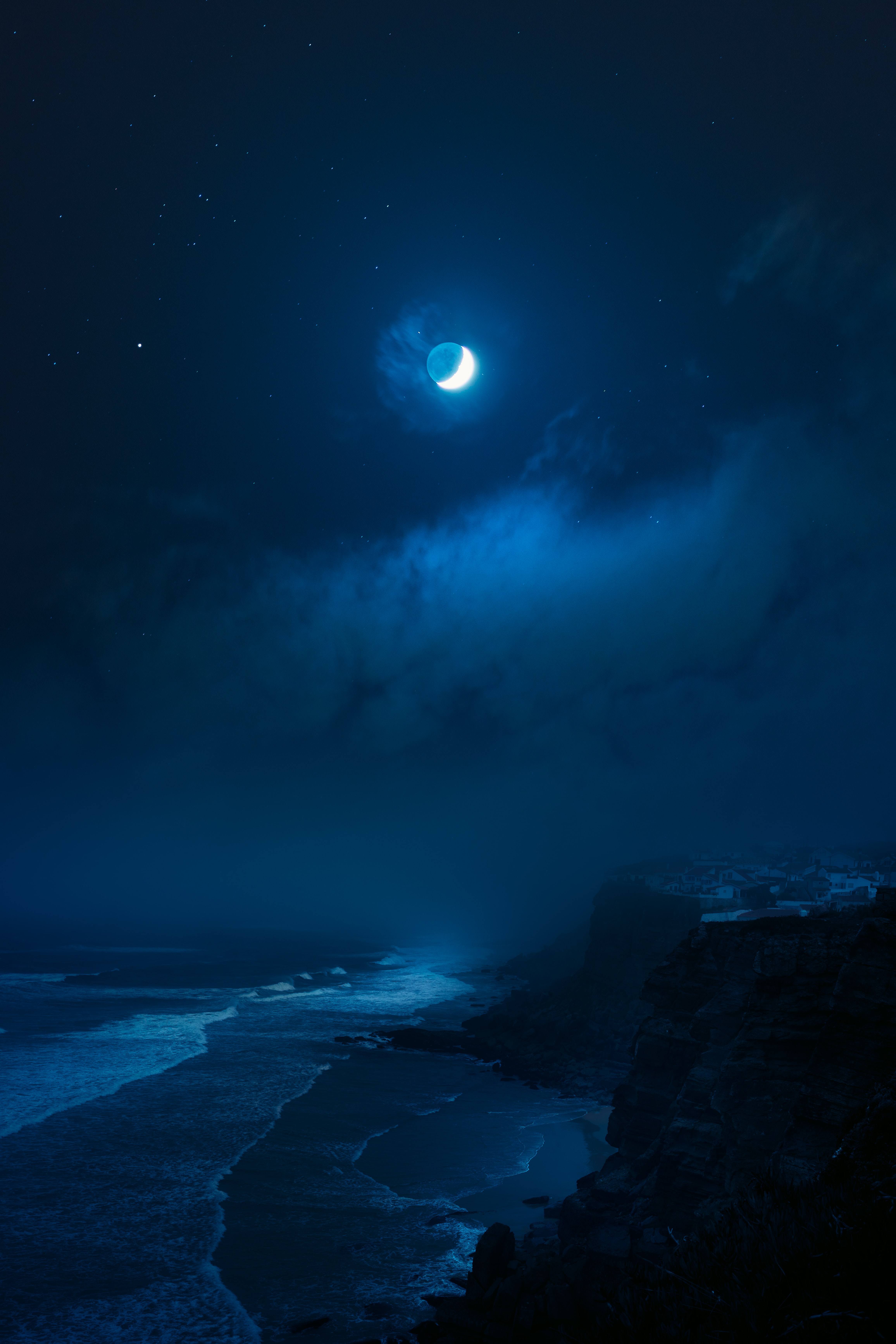 Download mobile wallpaper Moon, Surf, Nature, Rocks, Sea, Night for free.