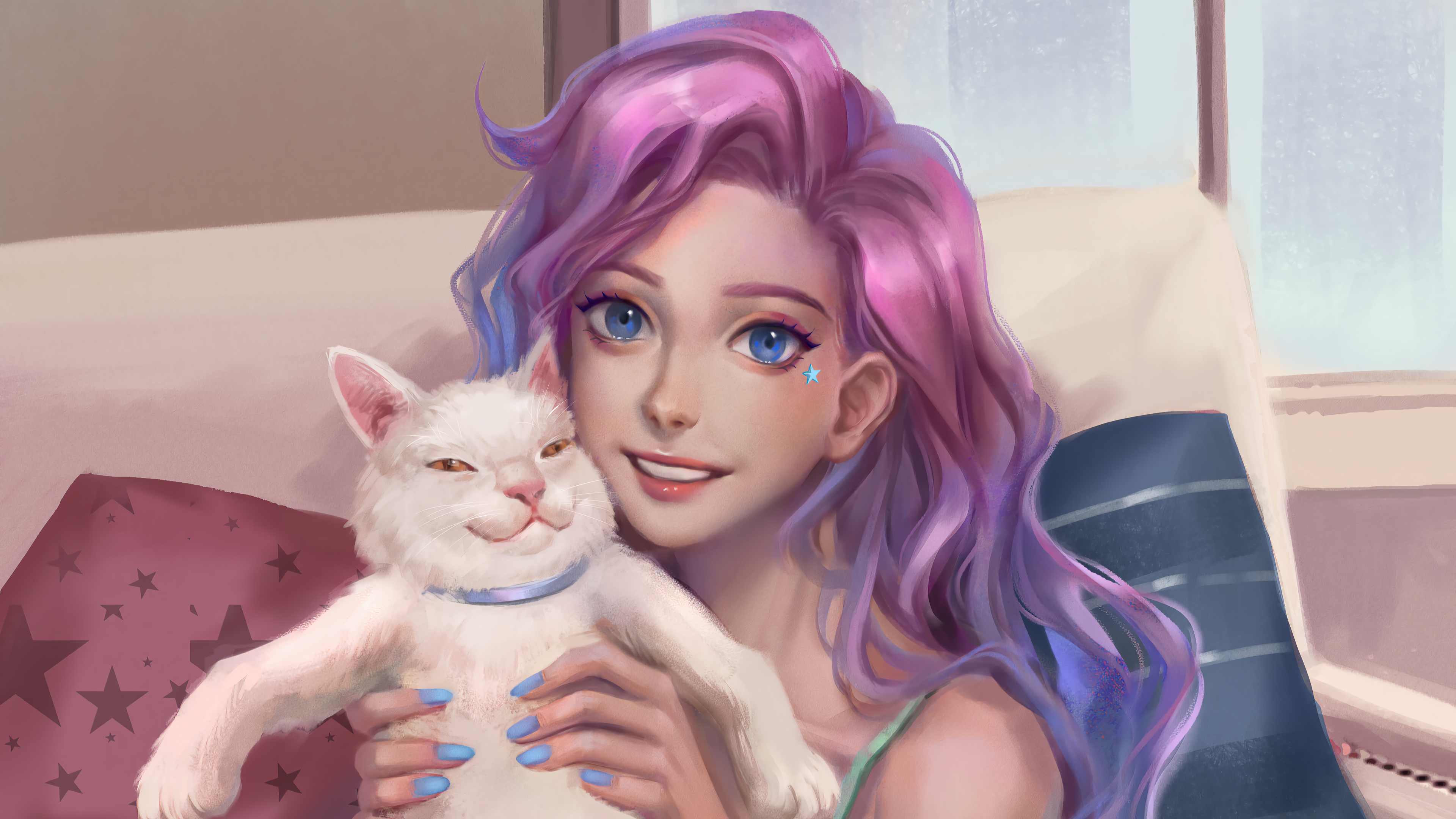 Free download wallpaper League Of Legends, Cat, Blue Eyes, Pink Hair, Video Game, Seraphine (League Of Legends) on your PC desktop