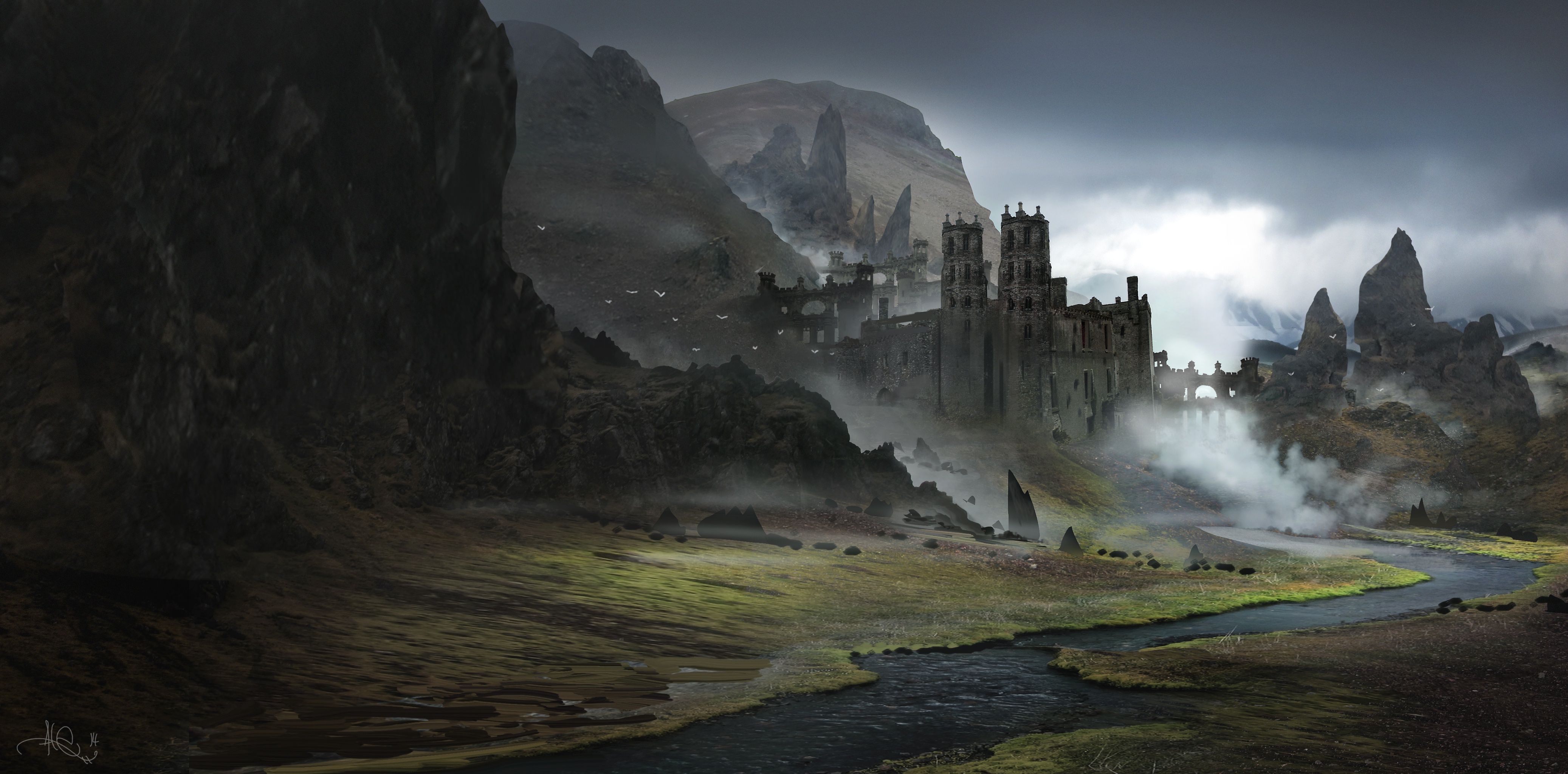 Download mobile wallpaper Landscape, Fantasy, Castles, River, Castle for free.