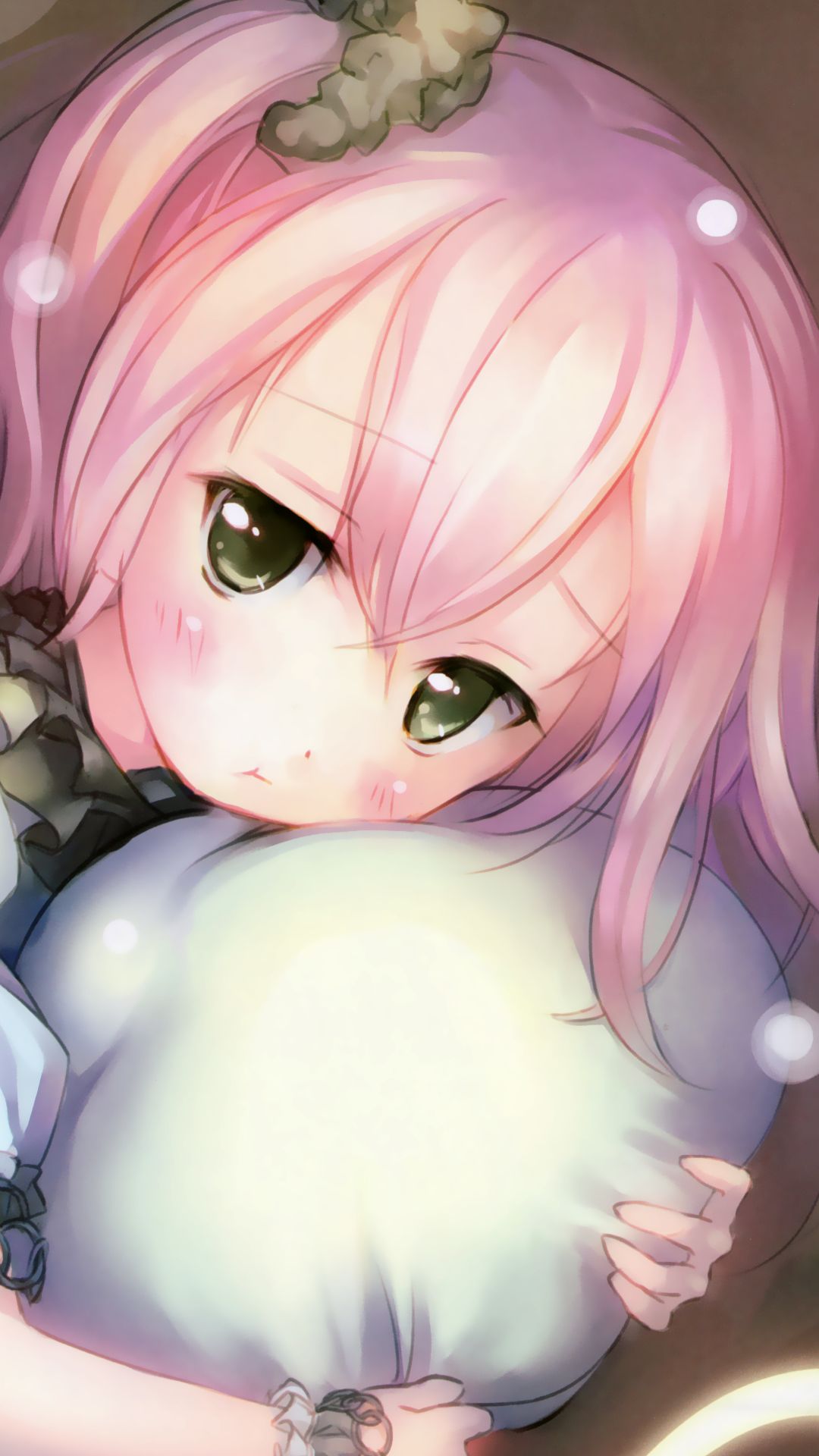 Download mobile wallpaper Anime, Pillow, Angel, Green Eyes, Pink Hair, Blush for free.
