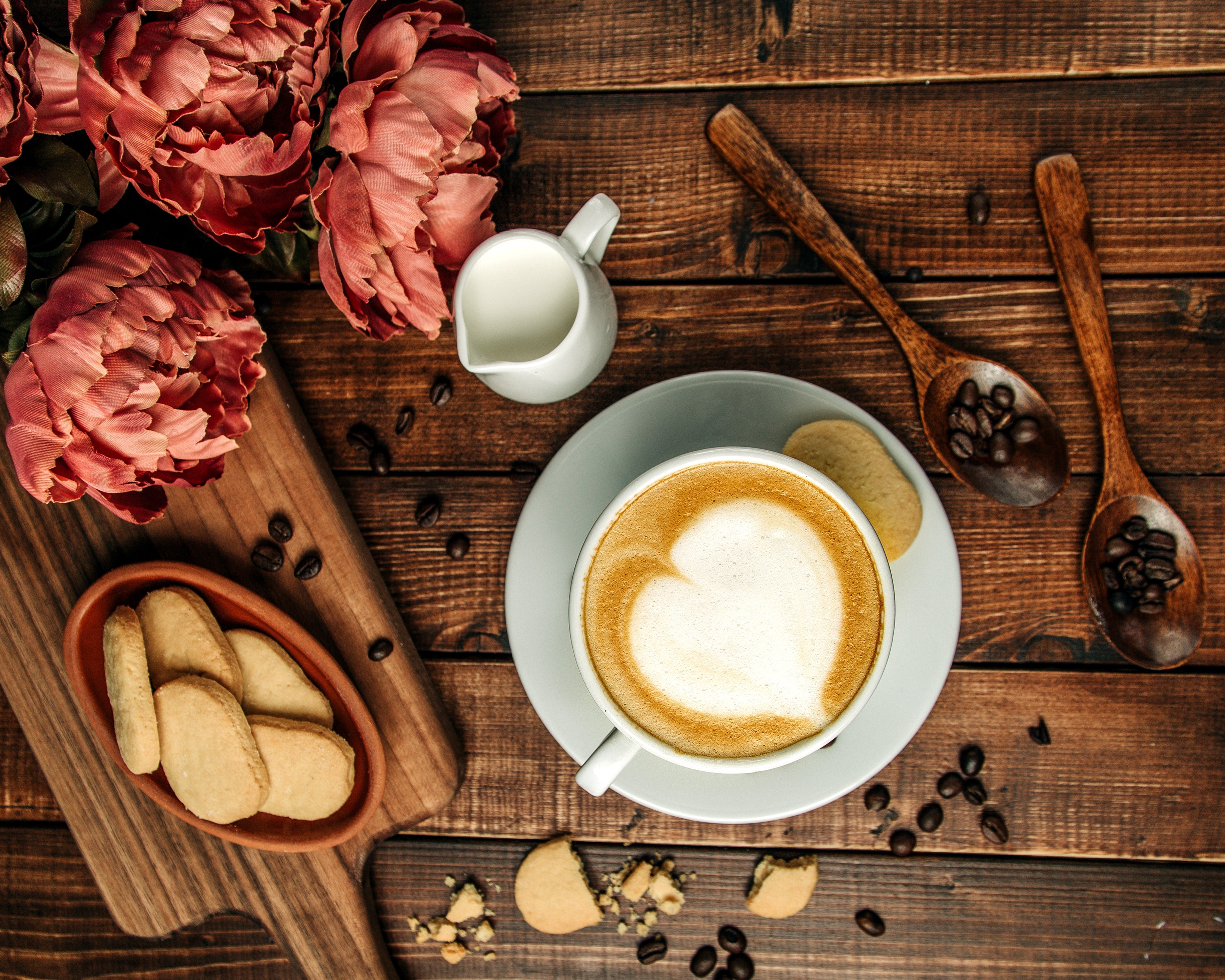 Download mobile wallpaper Food, Coffee, Still Life, Cup, Drink, Cookie, Heart Shaped for free.