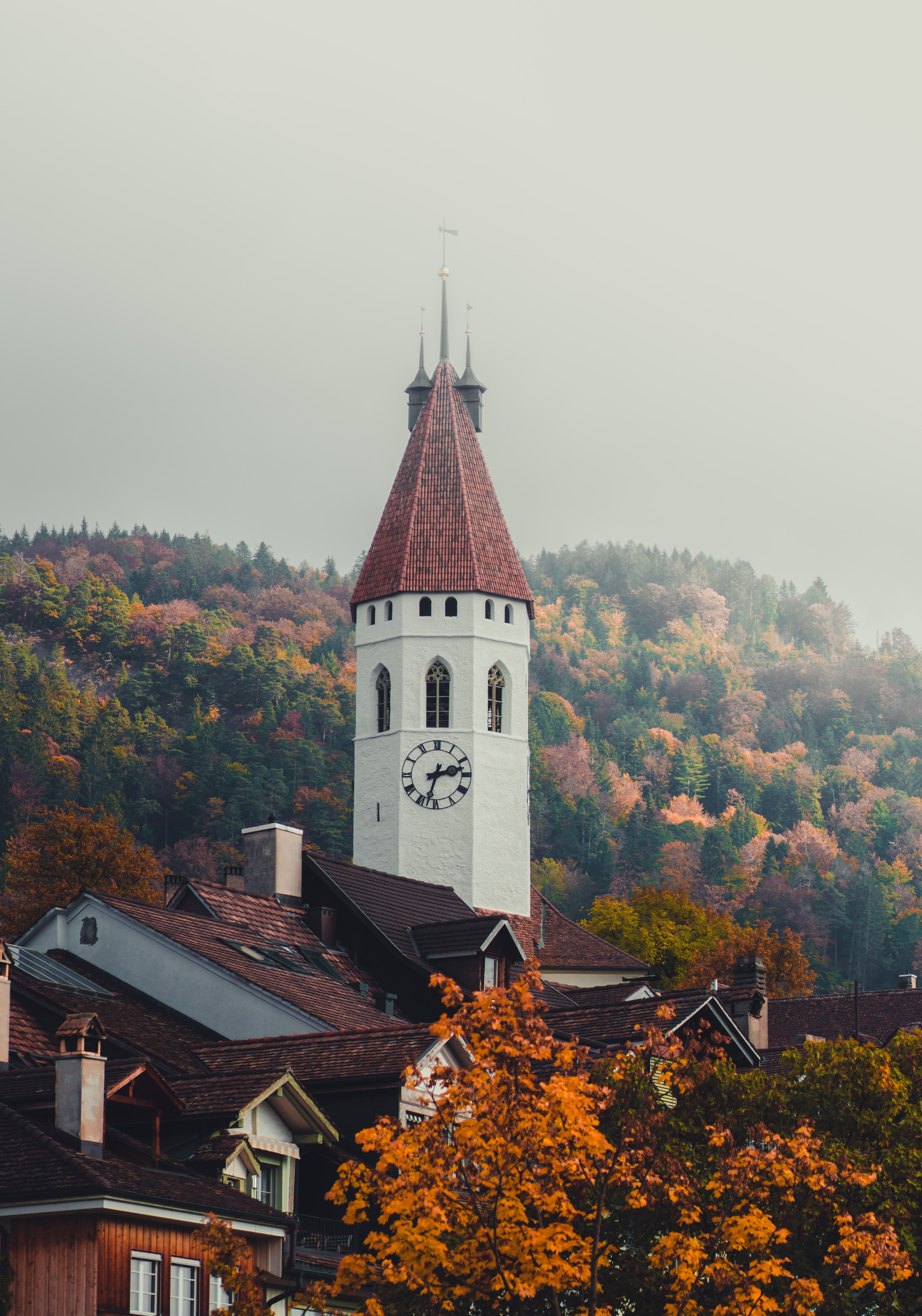 Download mobile wallpaper Chapel, Building, Trees, Tower, Nature, Architecture, Autumn for free.