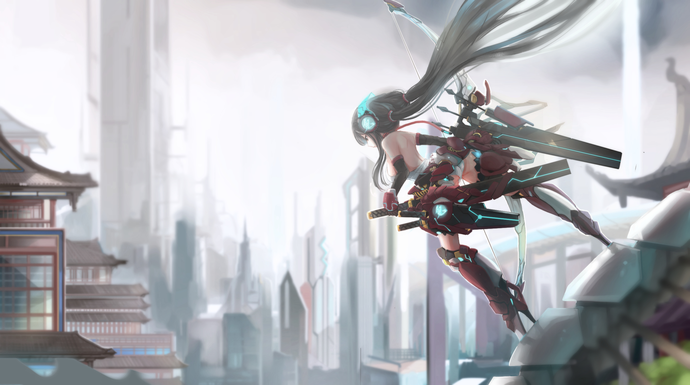 Free download wallpaper Anime, Weapon, Building, Bow, Sci Fi, Original, Headband, Black Hair, Long Hair, Twintails on your PC desktop
