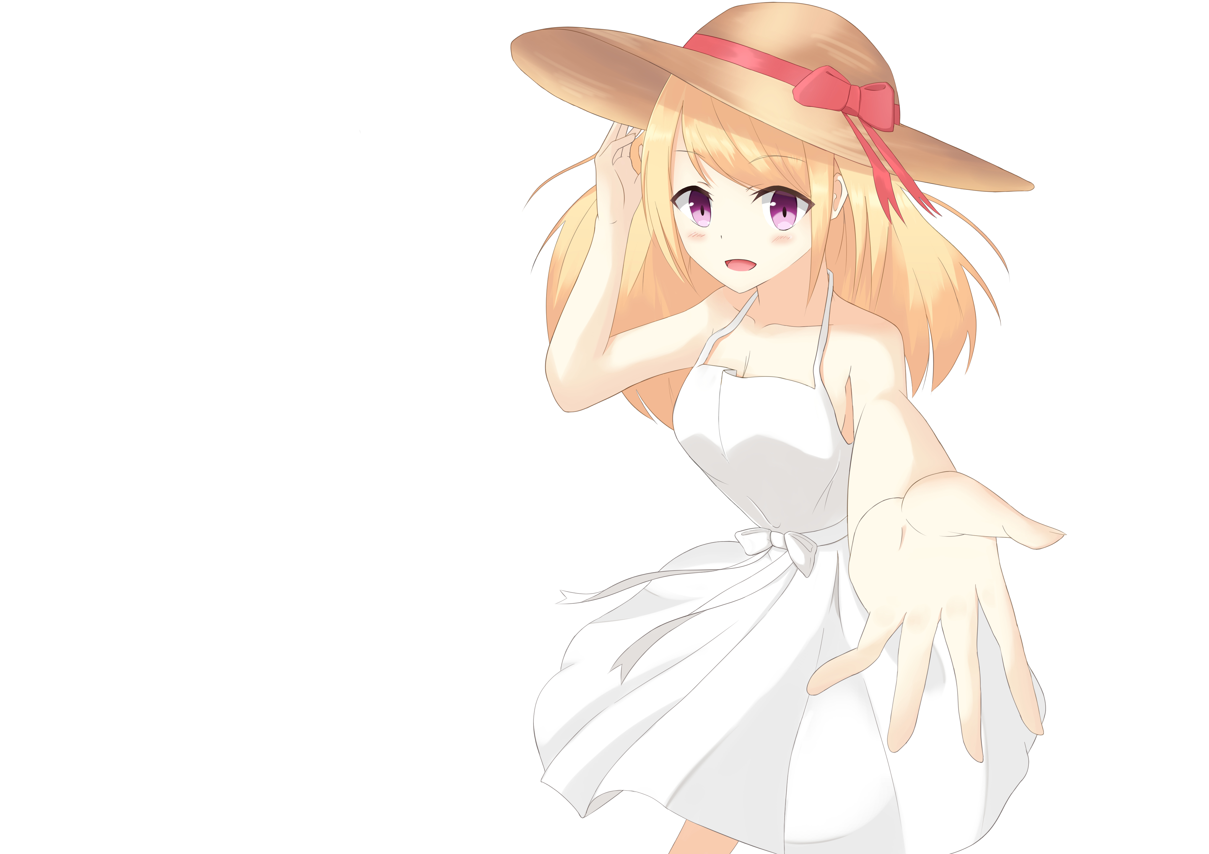 Laden Sie das Original, Blondinen, Animes, Weißes Kleid, Strohhut-Bild kostenlos auf Ihren PC-Desktop herunter
