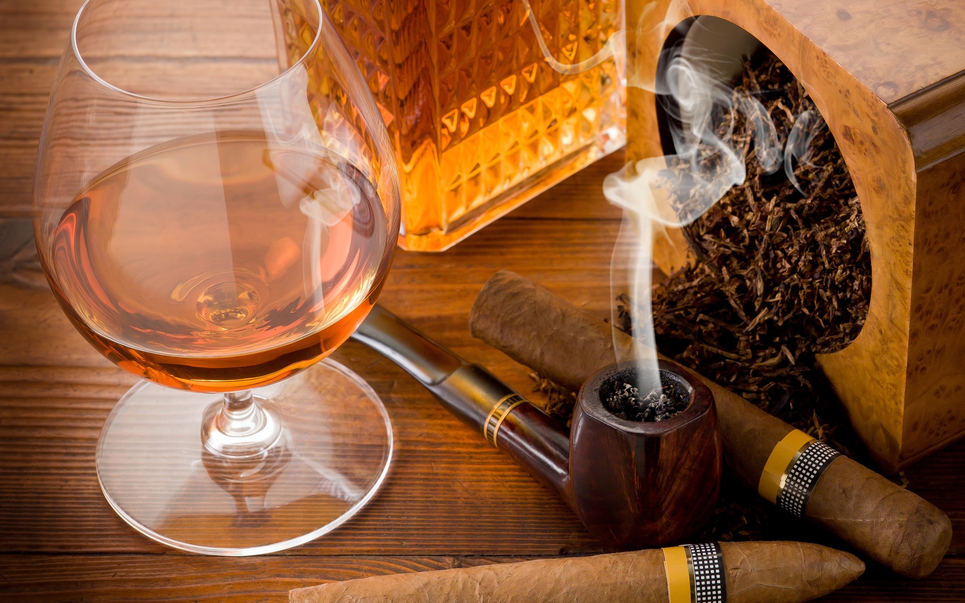 smoking pipe, food, whisky, brandy, cigar, glass, table