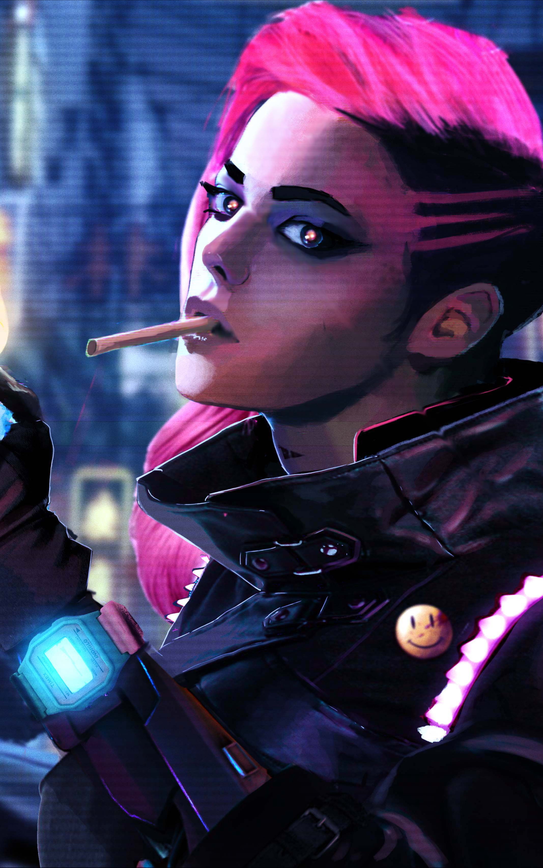 Handy-Wallpaper Cyberpunk, Science Fiction, Pinkes Haar, Frau Krieger kostenlos herunterladen.