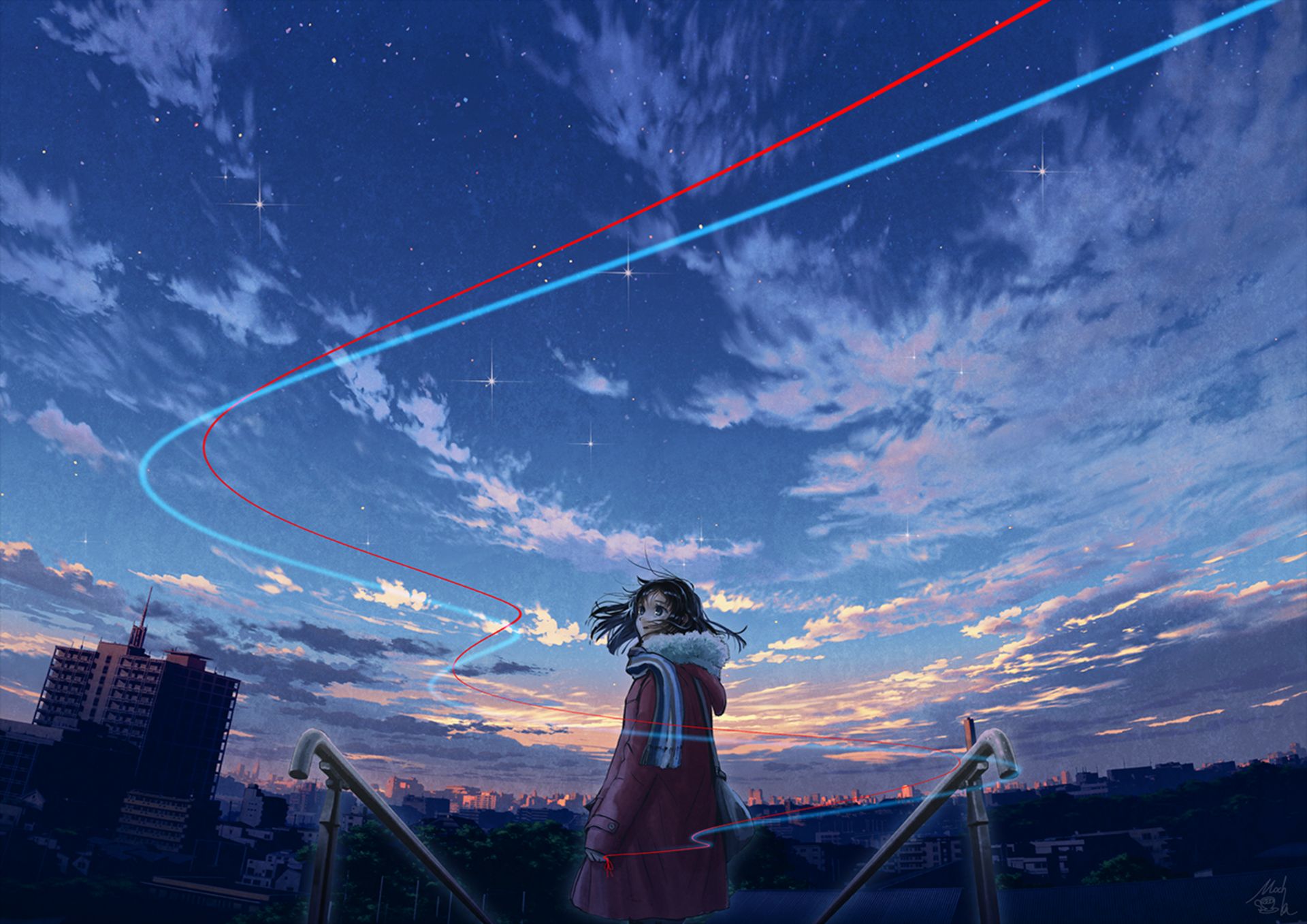 Download mobile wallpaper Anime, Sunset, City, Starry Sky, Scarf, Original for free.