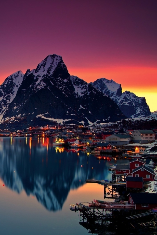 Download mobile wallpaper Sunset, Mountain, Lake, Light, Photography, Town, Lofoten for free.