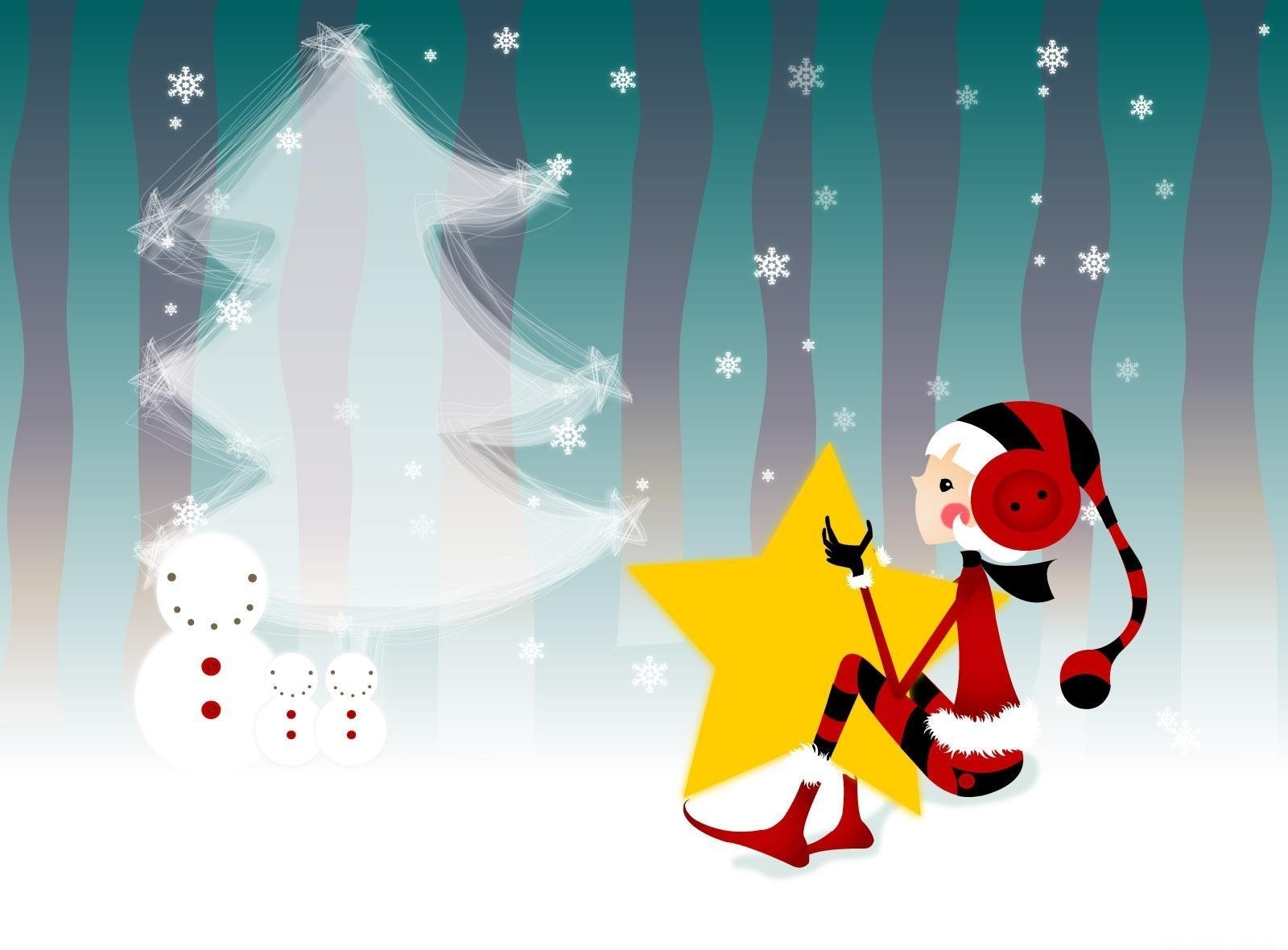 holidays, new year, snowflakes, snowman, girl, christmas tree, star