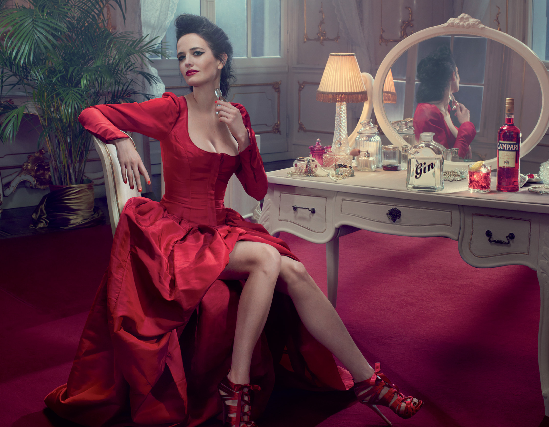 Download mobile wallpaper Eva Green, Mirror, Celebrity, Actress, Lipstick, Red Dress for free.