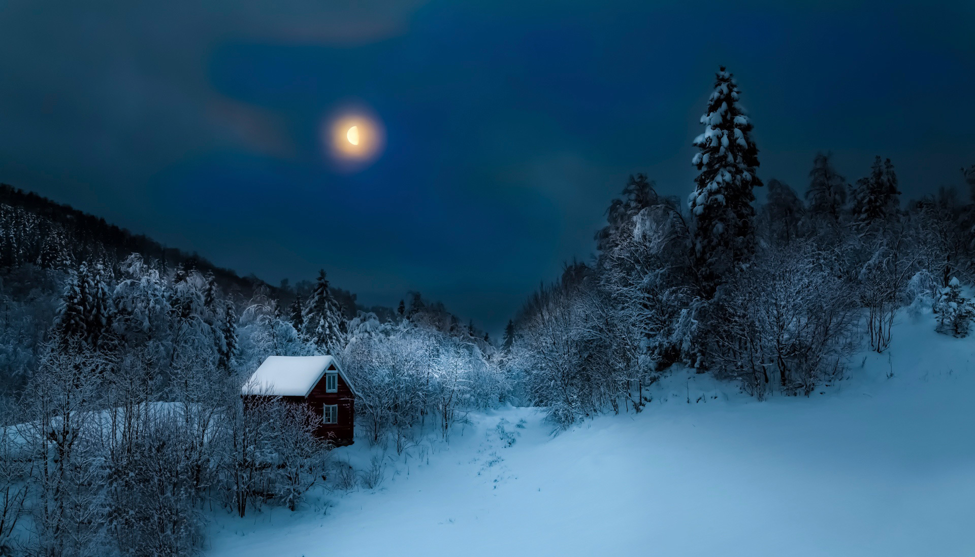 Скачать картинку Зима, Ночь, Луна, Снег, Лес, Синий, Дом, Ландшафт, Фотографии в телефон бесплатно.