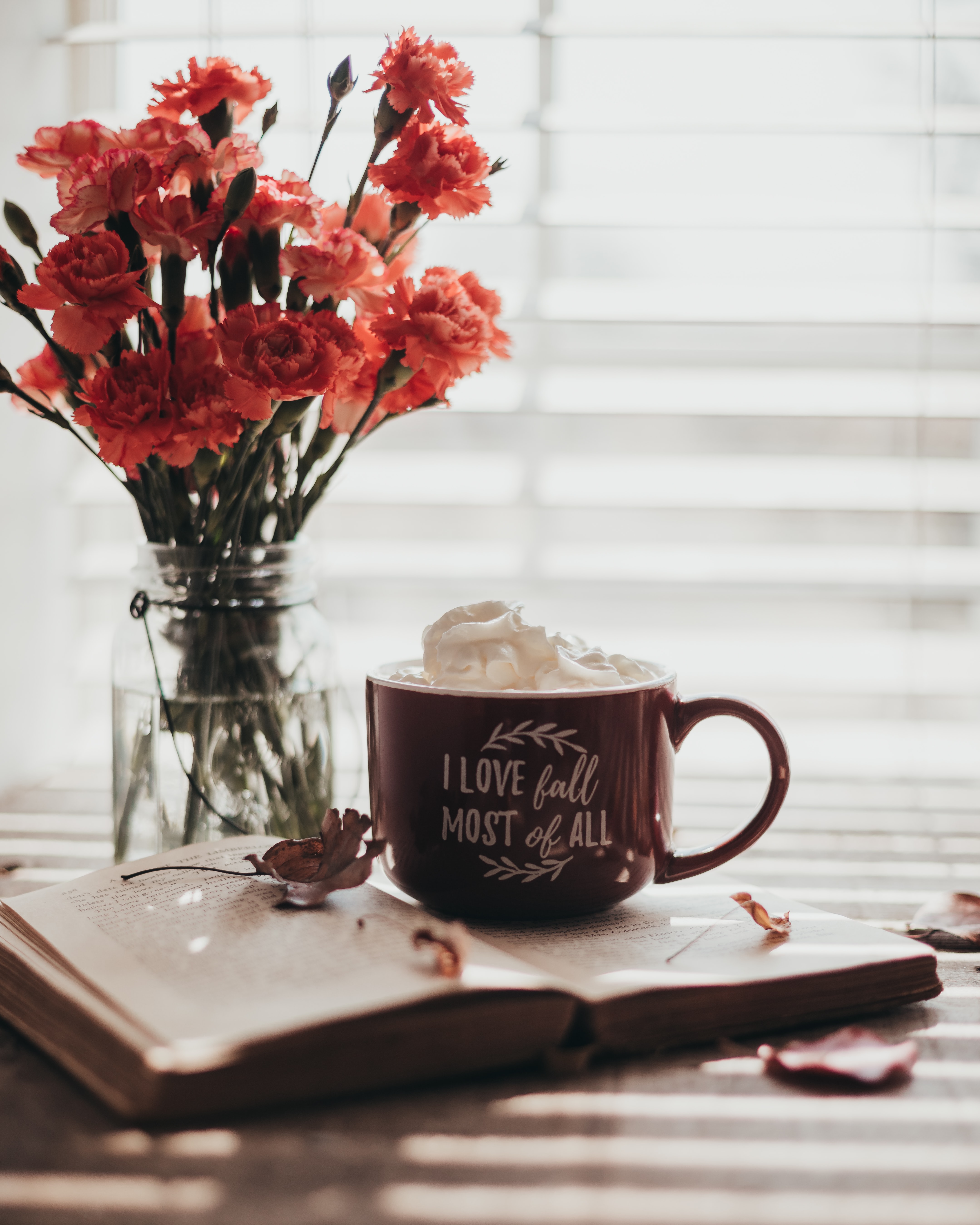 inscription, cup, words, flowers, book