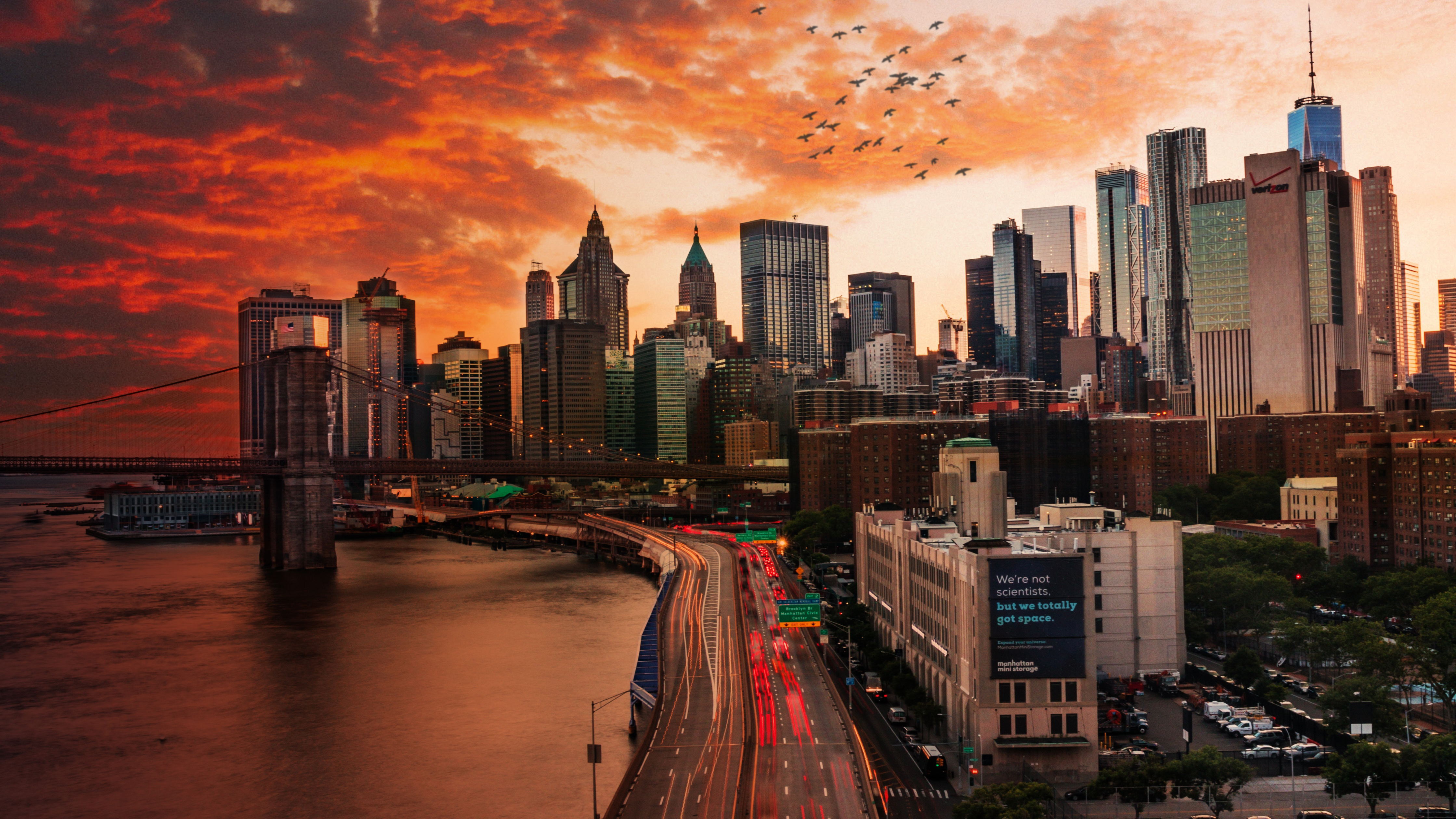 Laden Sie das Städte, Wolkenkratzer, Stadtbild, Wolke, New York, Manhattan, Autobahn, Himmel, Sonnenuntergang, Menschengemacht, Brooklyn Brücke-Bild kostenlos auf Ihren PC-Desktop herunter