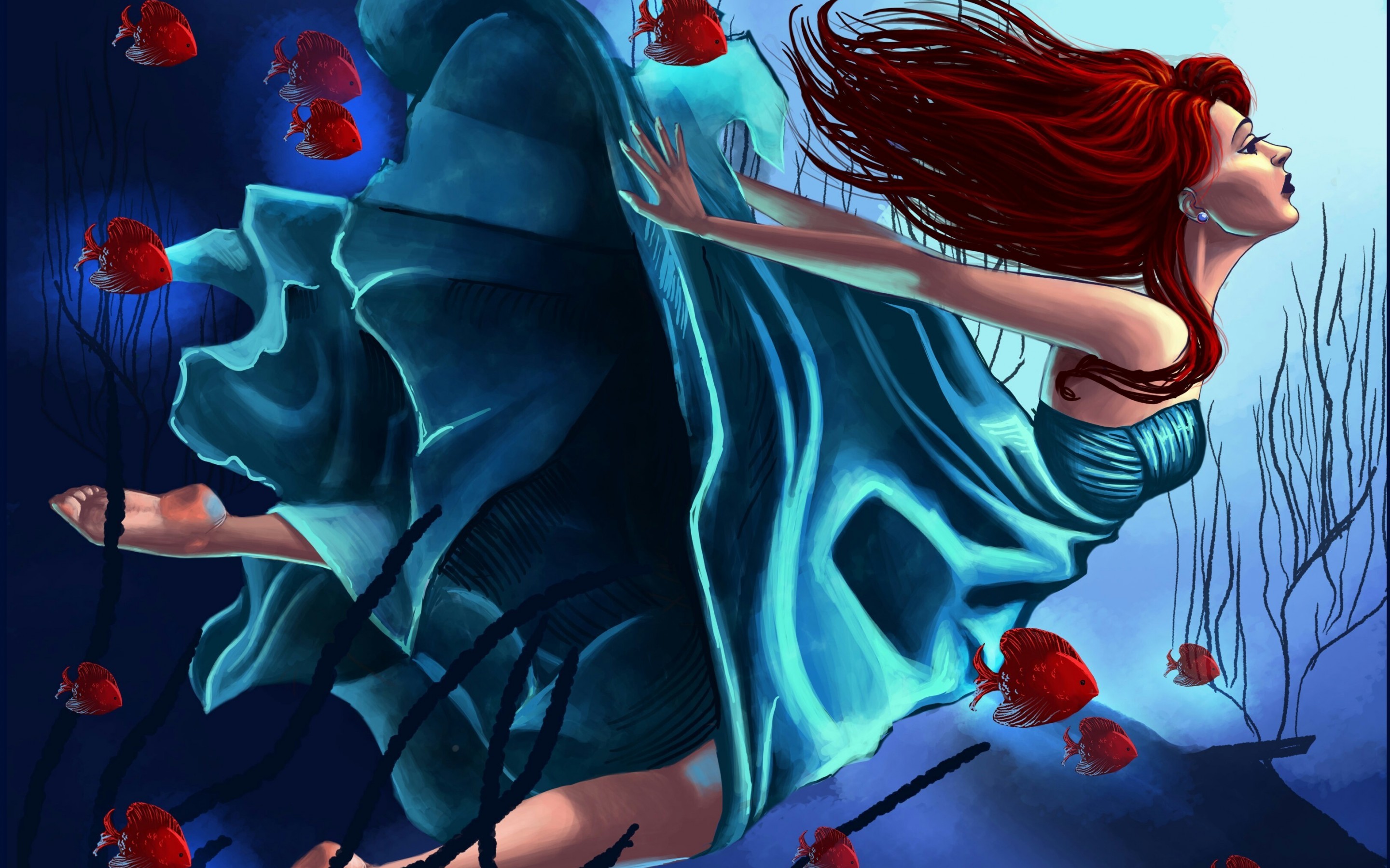 Download mobile wallpaper Fantasy, Ocean, Fish, Underwater, Women, Red Hair for free.