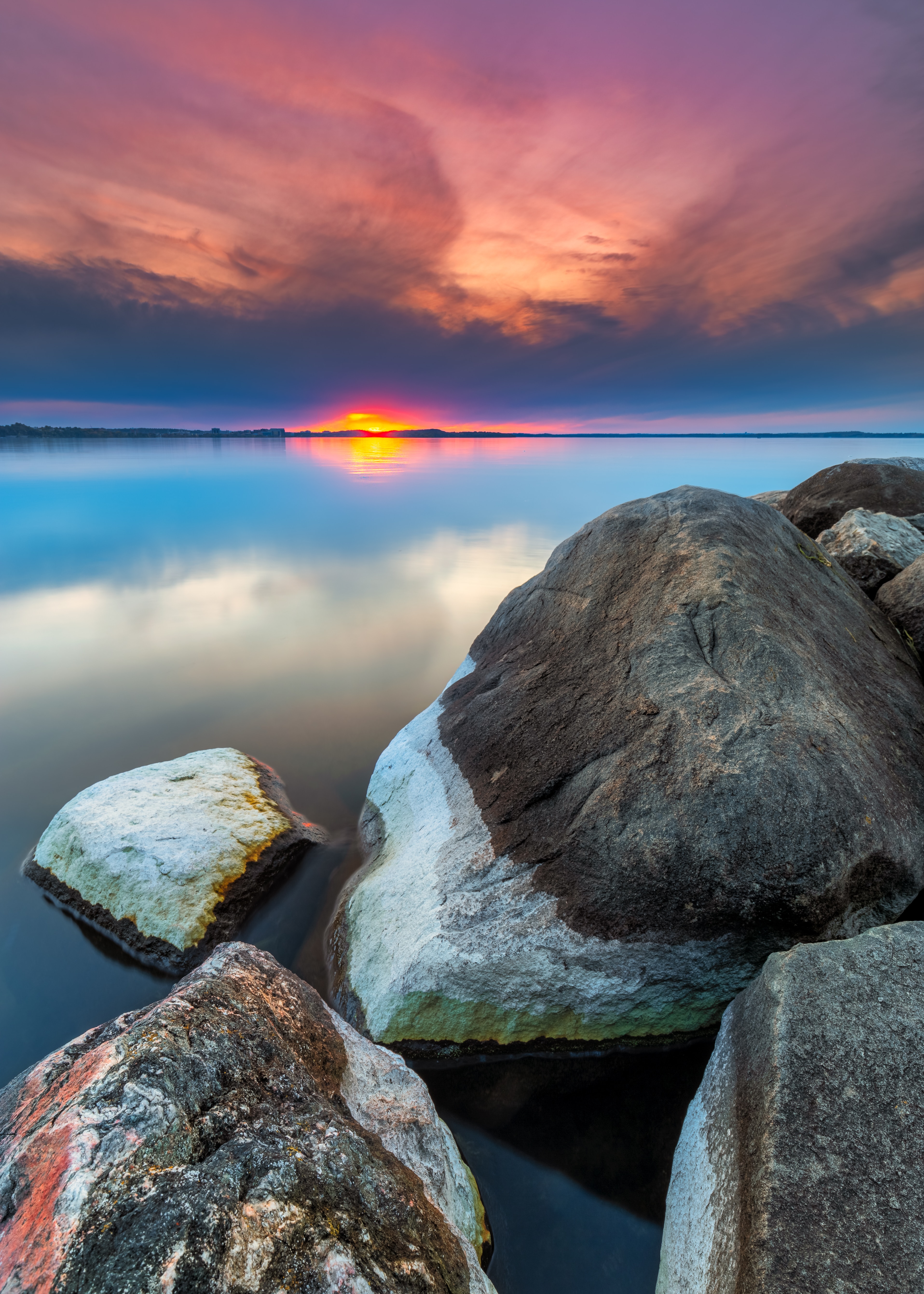 Download mobile wallpaper Rocks, Stones, Nature, Sunset, Water, Landscape for free.