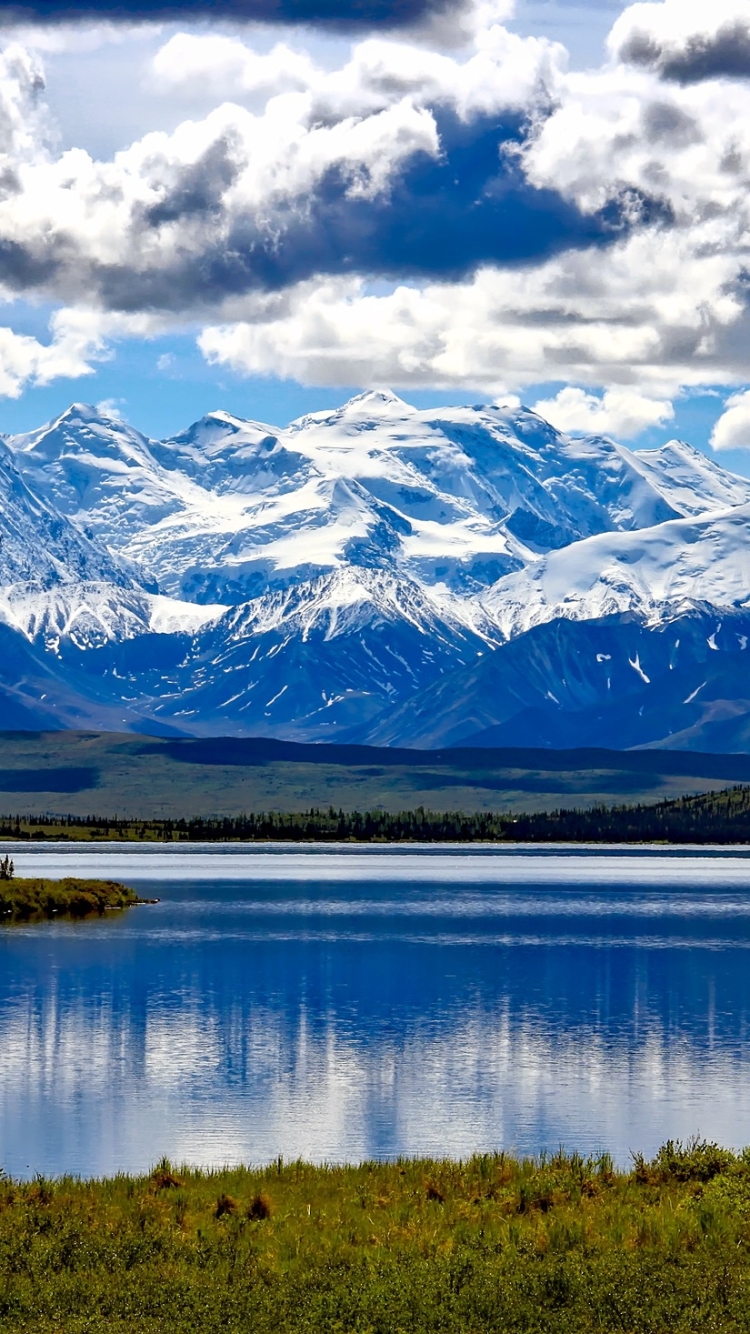 無料モバイル壁紙自然, 木, 湖, 山, 地球, アラスカ, アメリカ合衆国, クラウド, デナリ国立公園をダウンロードします。