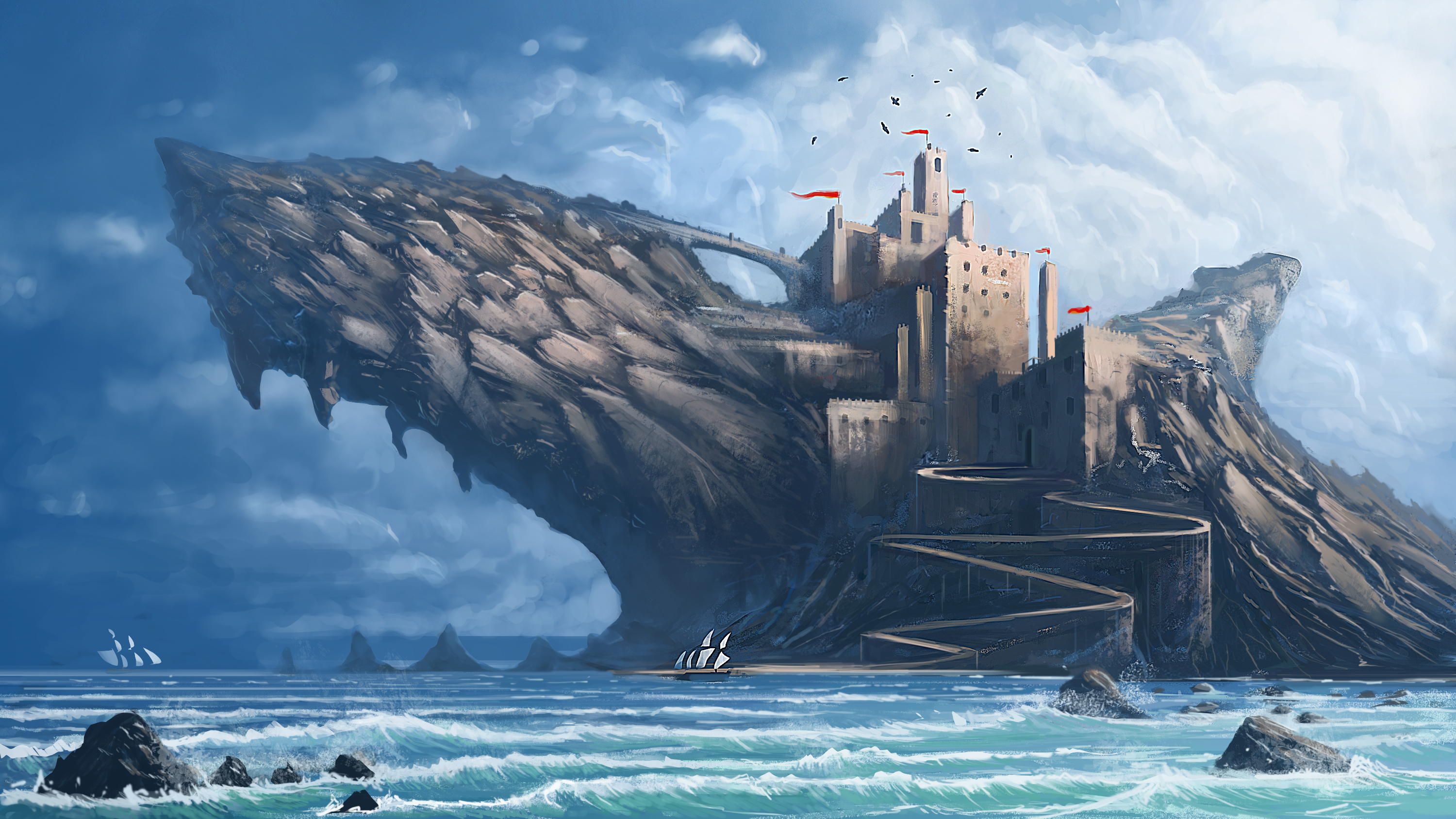 Download mobile wallpaper Fantasy, Sea, Castles, Ocean, Sailboat, Castle for free.