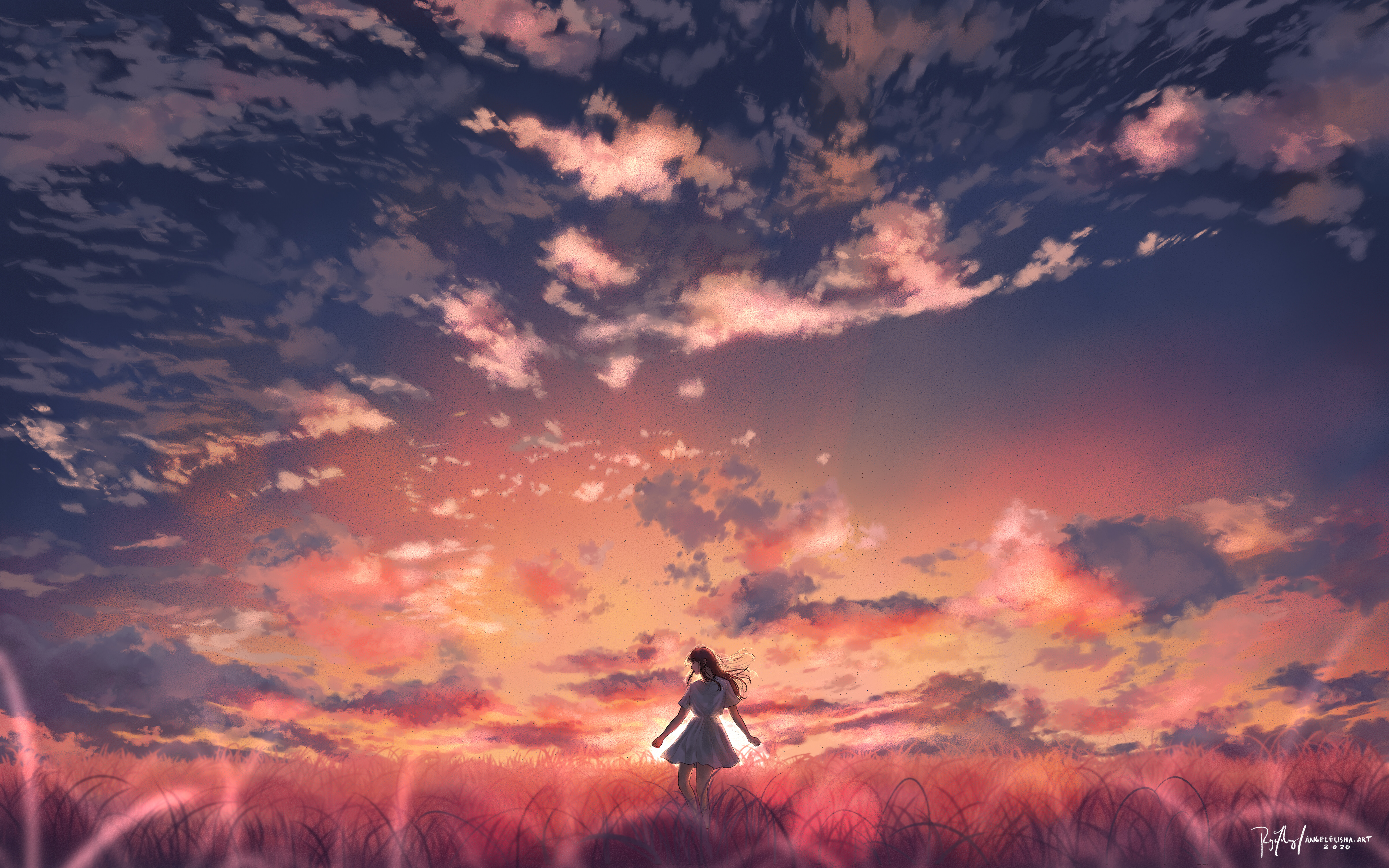 Free download wallpaper Anime, Sunset, Sky, Girl on your PC desktop