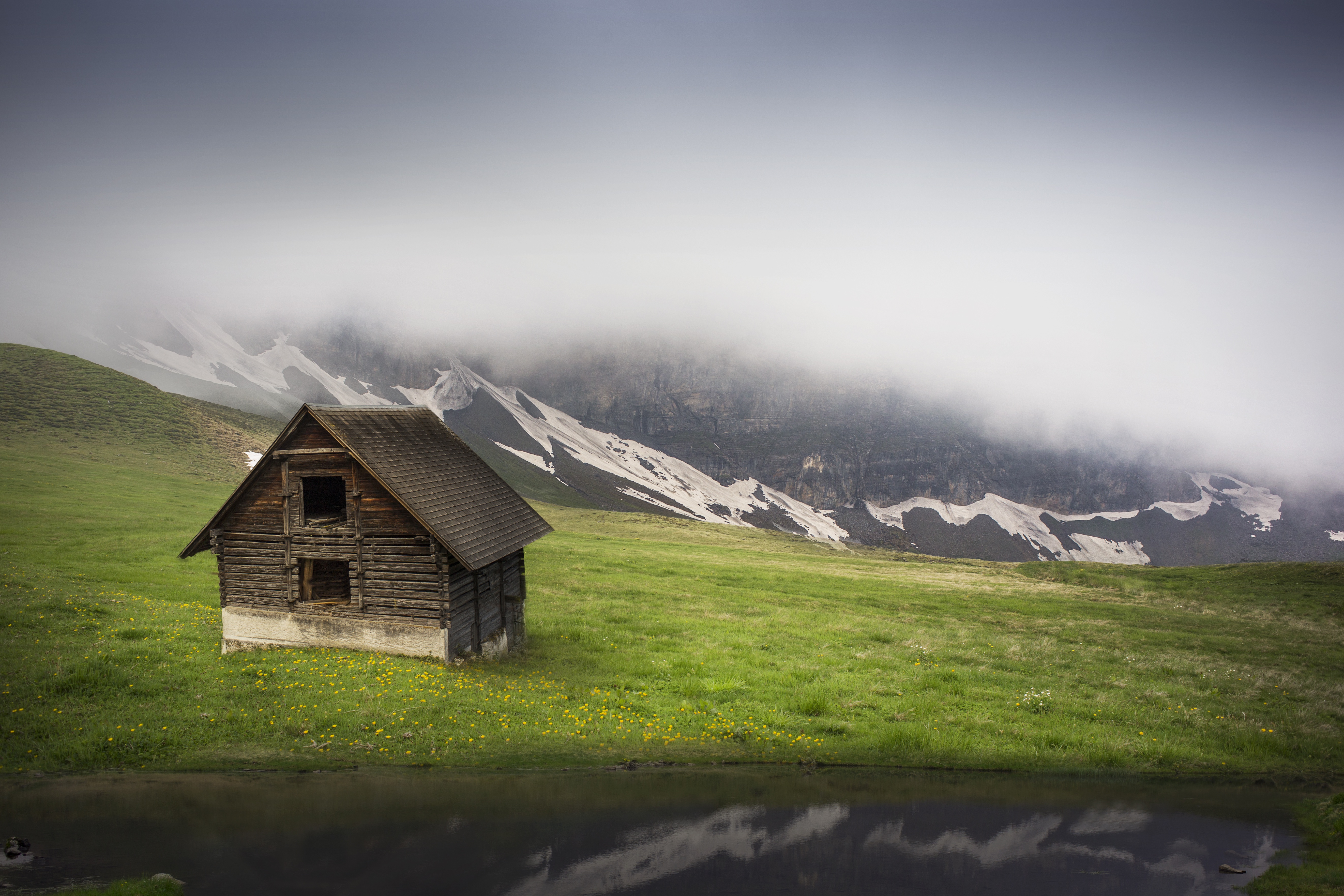 Download mobile wallpaper Mountain, Lake, Fog, House, Cabin, Man Made for free.