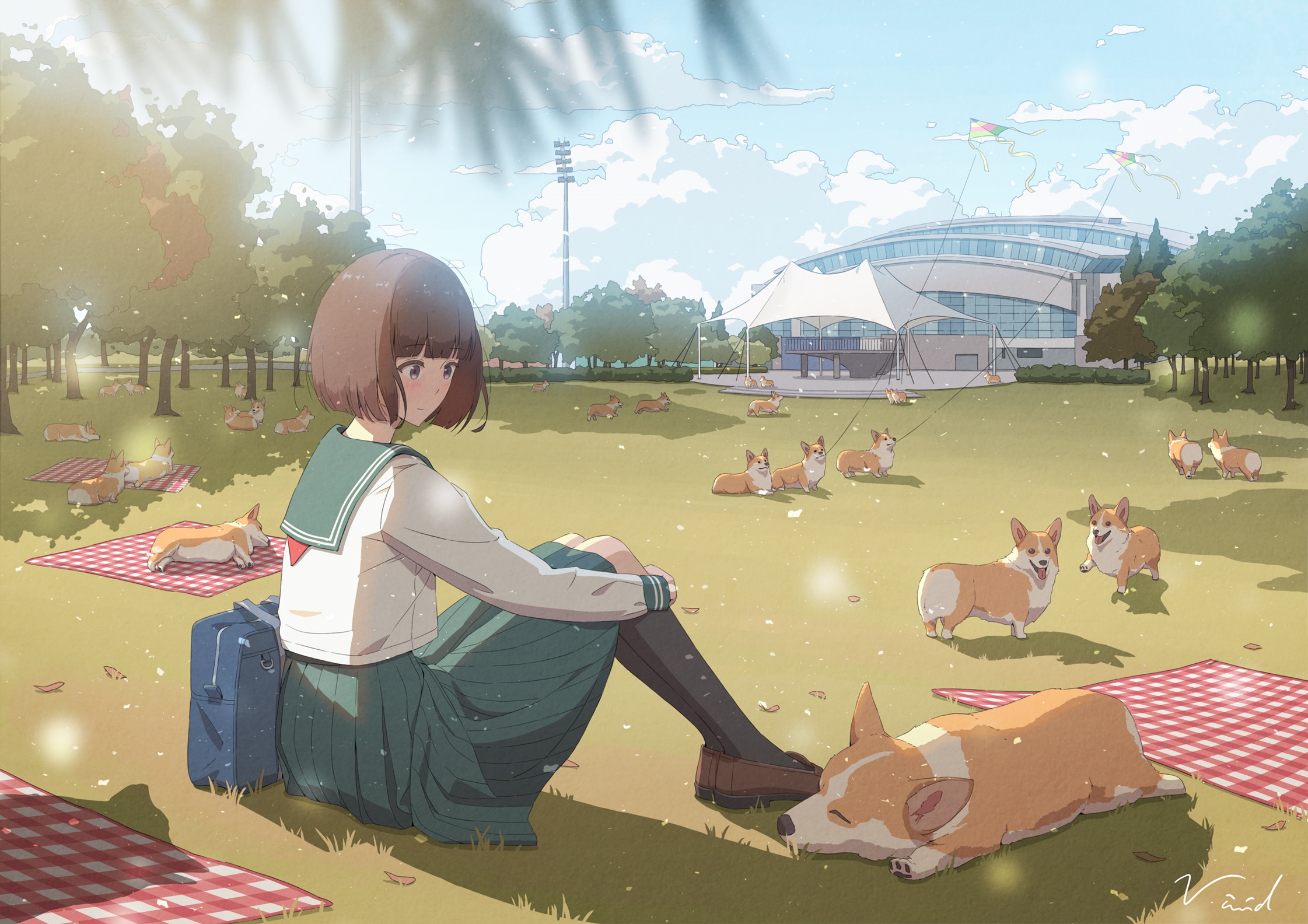 Download mobile wallpaper Anime, Grass, Park, Dog, Girl, Skirt, School Uniform, Brown Hair, Short Hair for free.