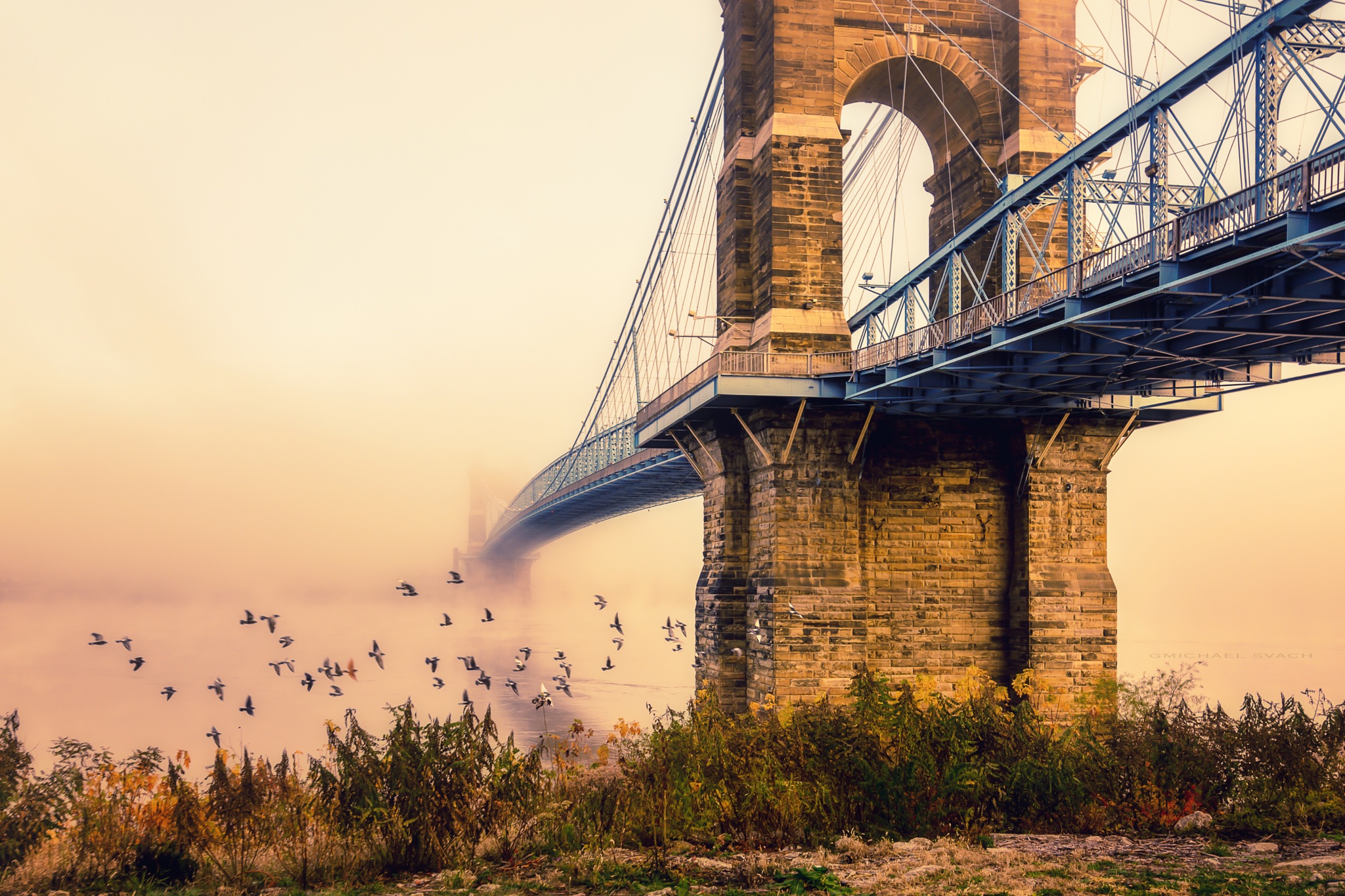 Download mobile wallpaper Bridges, Fog, Bridge, River, Man Made for free.