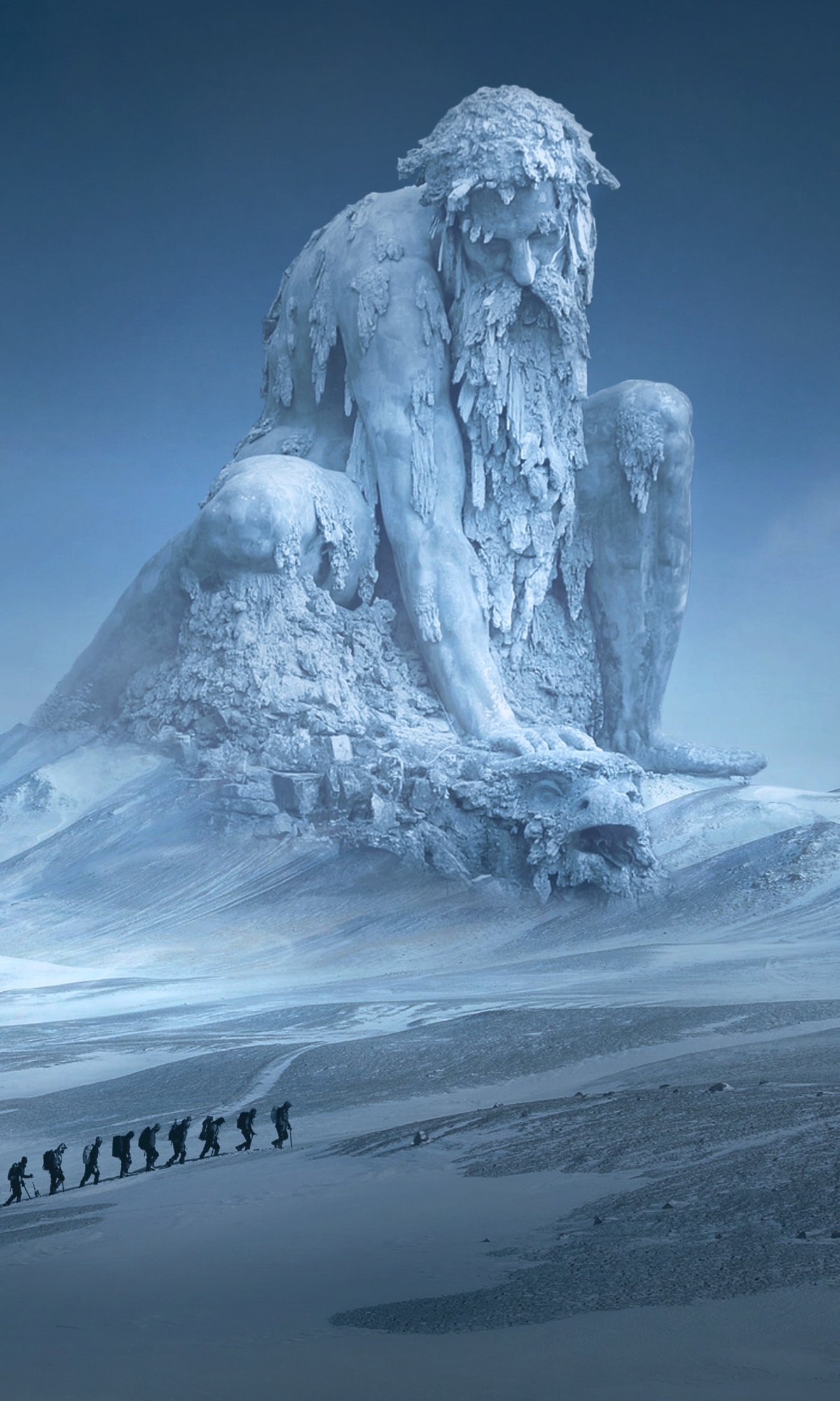 Download mobile wallpaper Landscape, Winter, Fantasy, Statue, Adventure for free.
