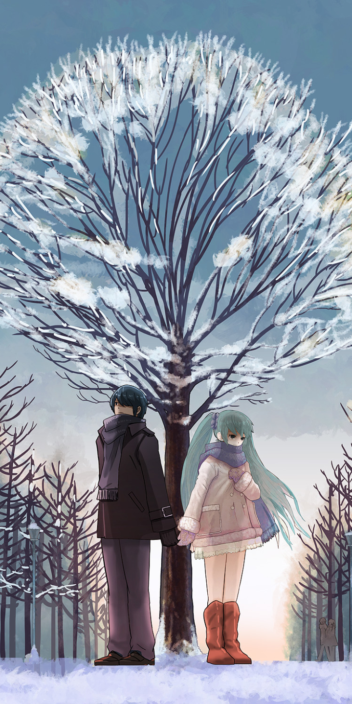 Download mobile wallpaper Anime, Winter, Snow, Love, Couple, Vocaloid, Hatsune Miku, Kaito (Vocaloid) for free.