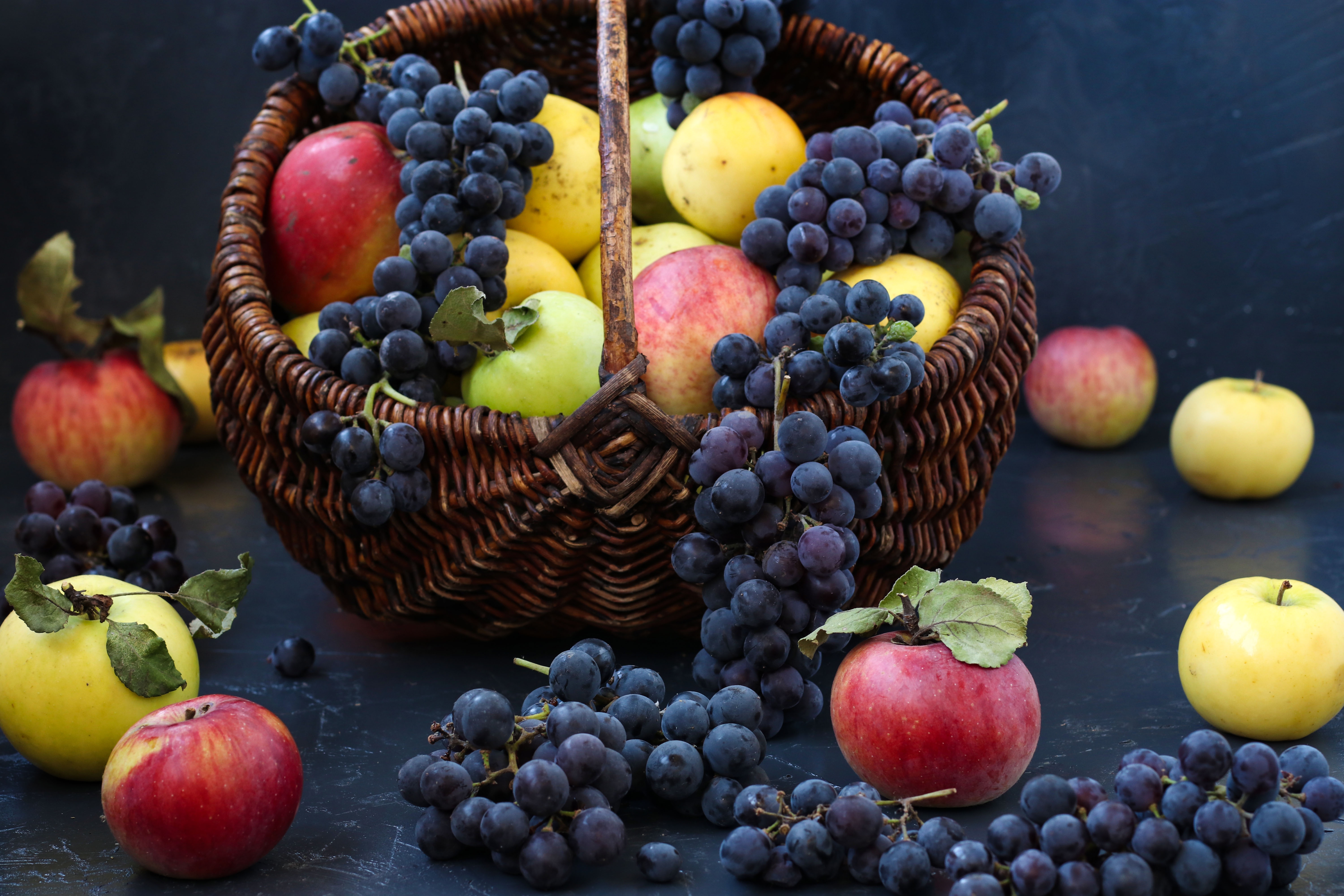 Download mobile wallpaper Fruits, Food, Apple, Grapes, Still Life, Fruit, Basket for free.