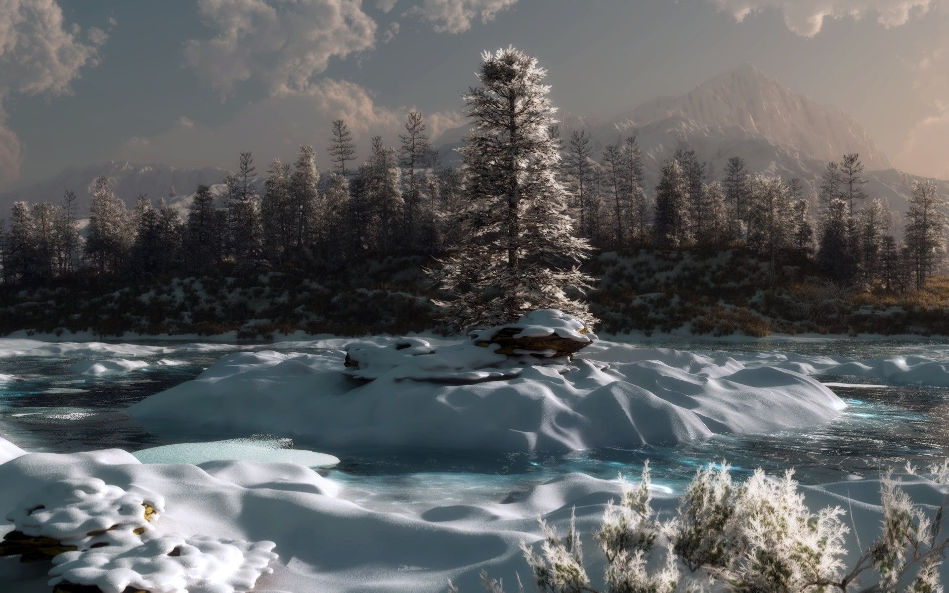 Laden Sie das Kiefer, Dämmerung, Twilight, Pine, Abend, Natur, Schnee, Winter, Flüsse-Bild kostenlos auf Ihren PC-Desktop herunter