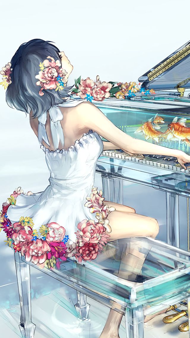 Download mobile wallpaper Music, Anime, Piano, Flower, Dress, Short Hair for free.