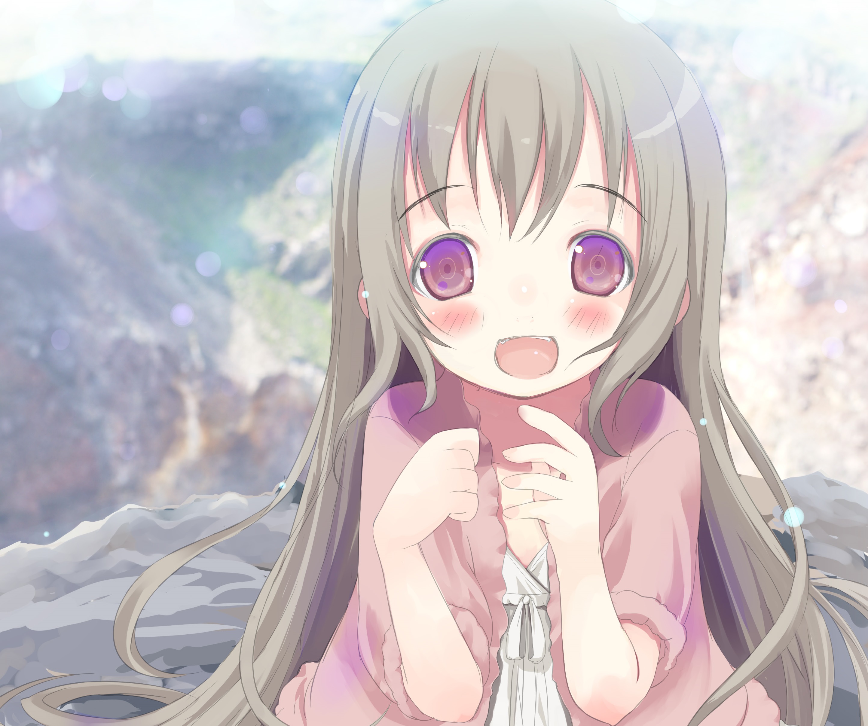 Download mobile wallpaper Anime, Smile, Coat, Original, Blush, Long Hair, Purple Eyes, Grey Hair for free.