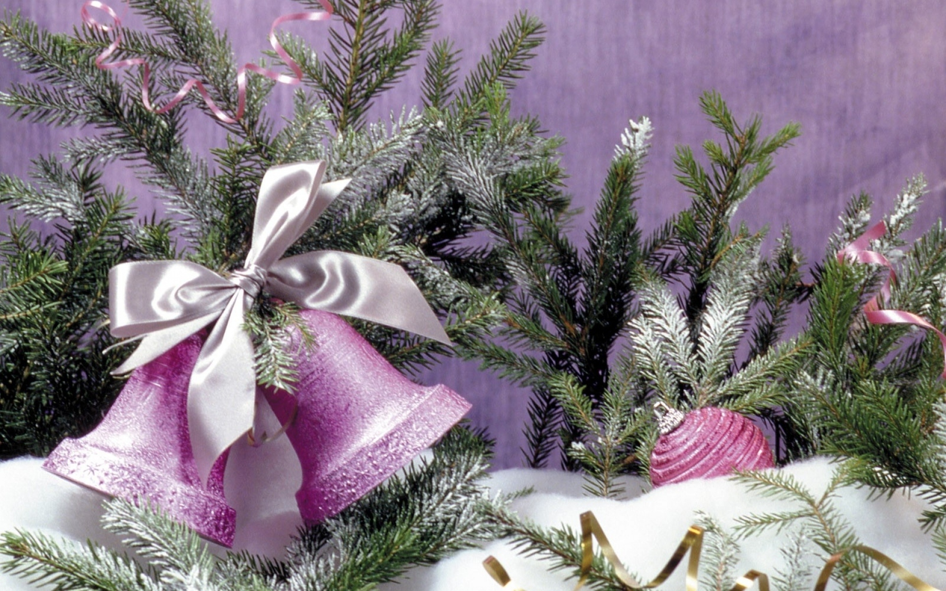 Download mobile wallpaper Snow, Christmas, Holiday, Purple, Decoration, Bell for free.